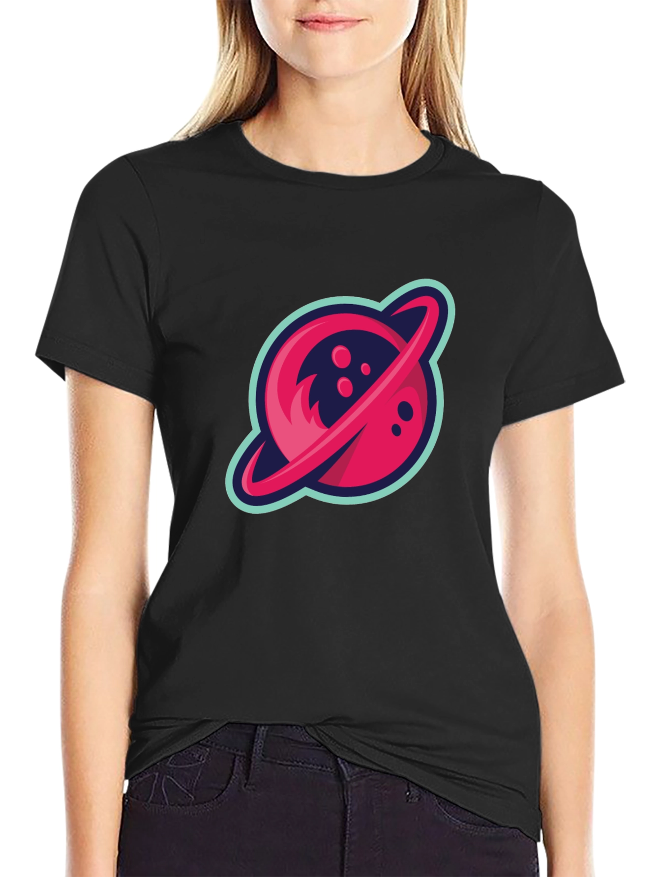 Retro Planet Graphic Tee - Black Cotton Blend