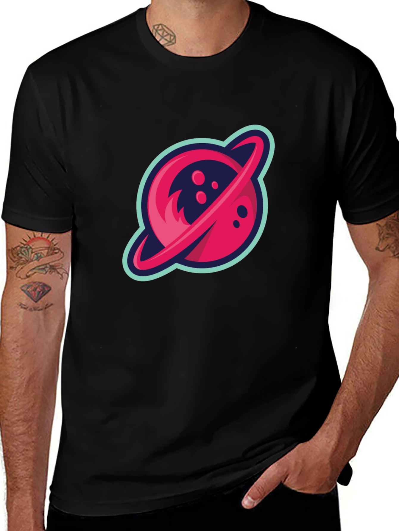 Retro Planet Graphic Tee - Black Cotton Blend