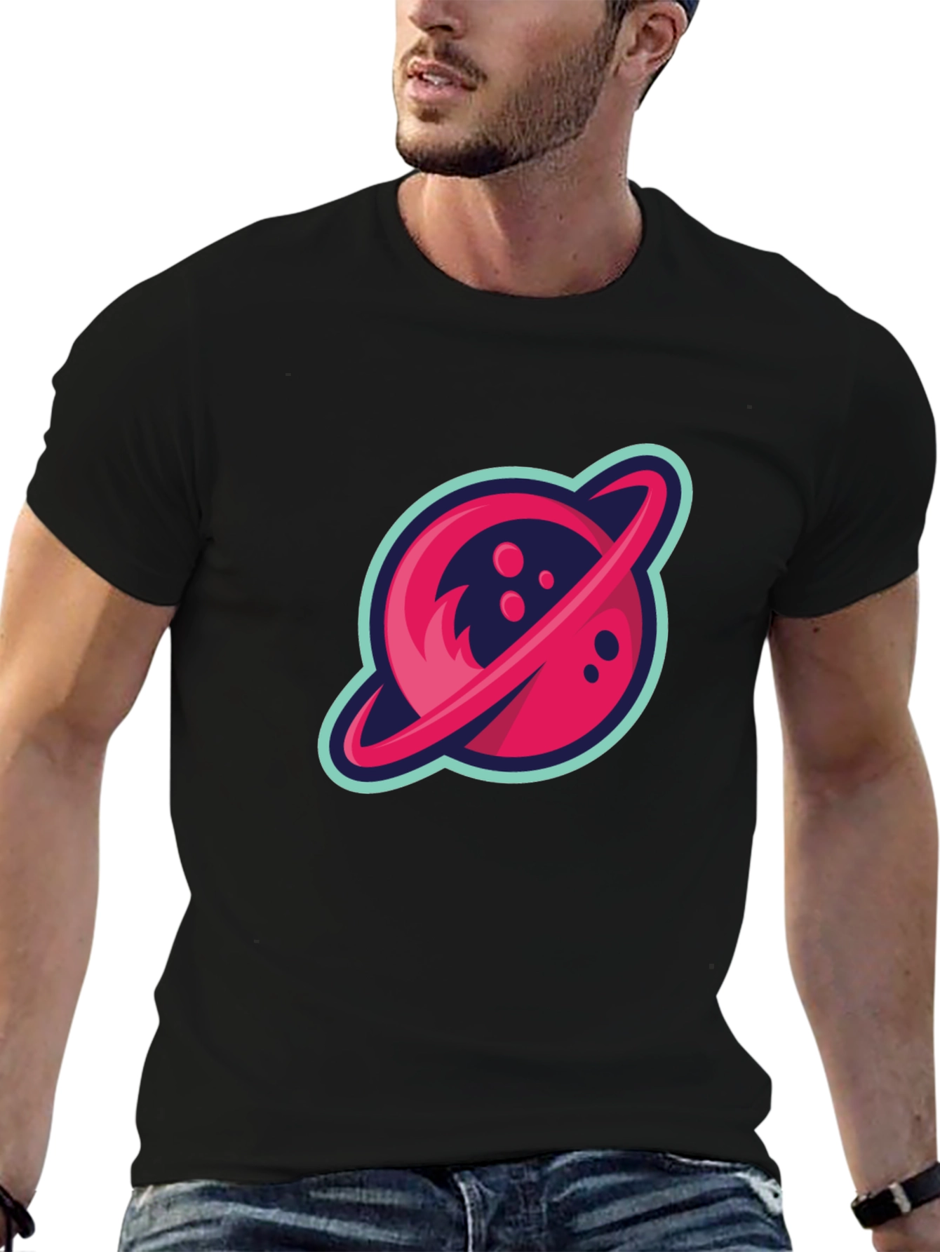 Retro Planet Graphic Tee - Black Cotton Blend