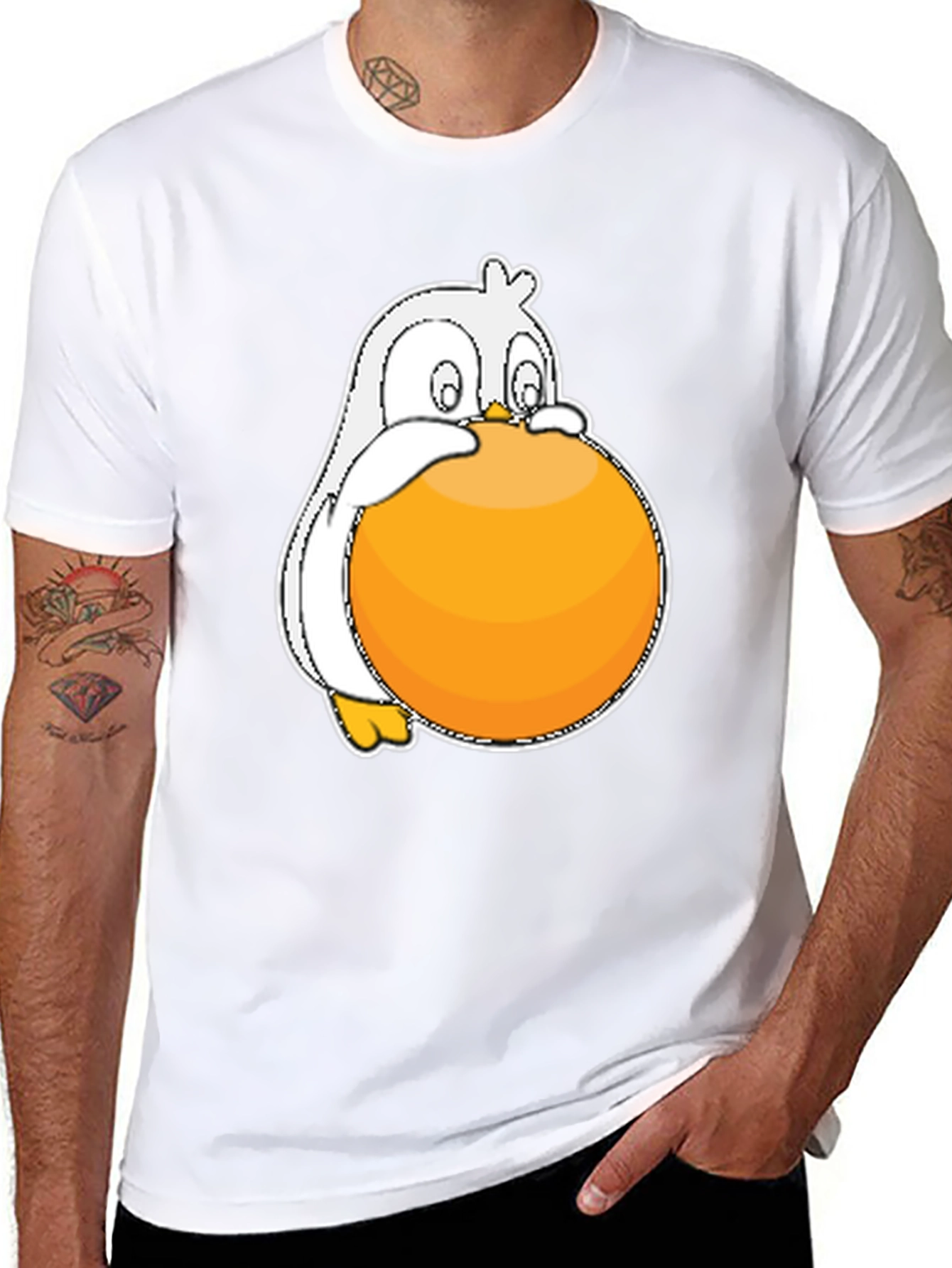 Funny Penguin Orange Ball Graphic Black T-Shirt