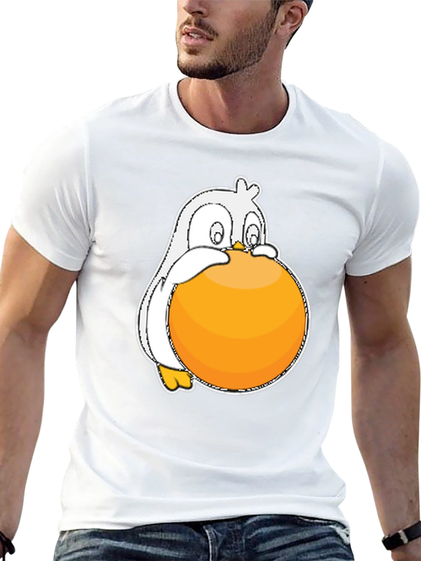 Funny Penguin Orange Ball Graphic Black T-Shirt