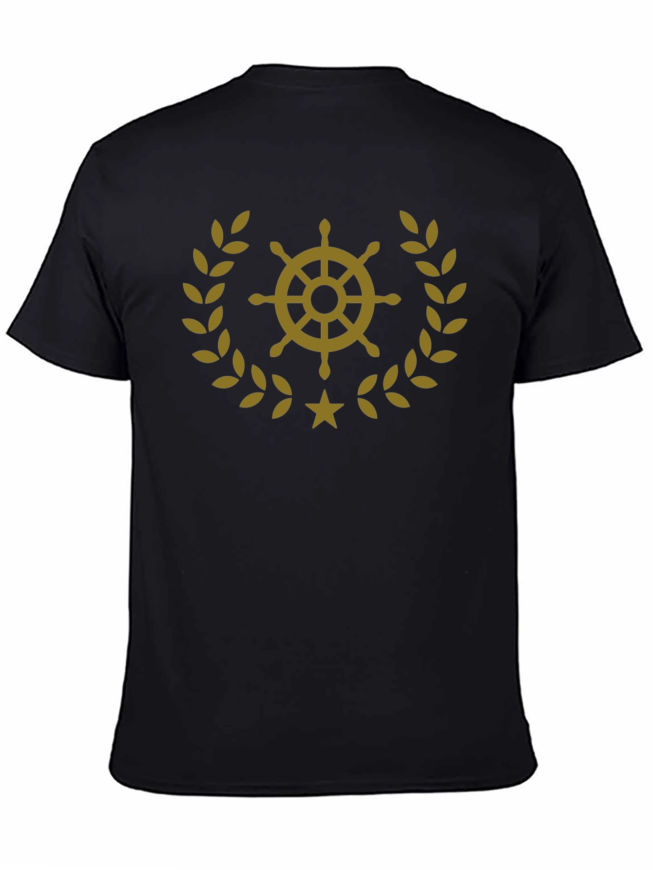 Nautical Wheel & Laurel Wreath Graphic T-Shirt - Black