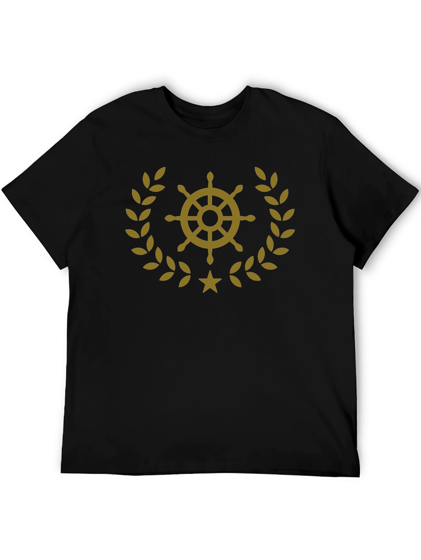 Nautical Wheel & Laurel Wreath Graphic T-Shirt - Black