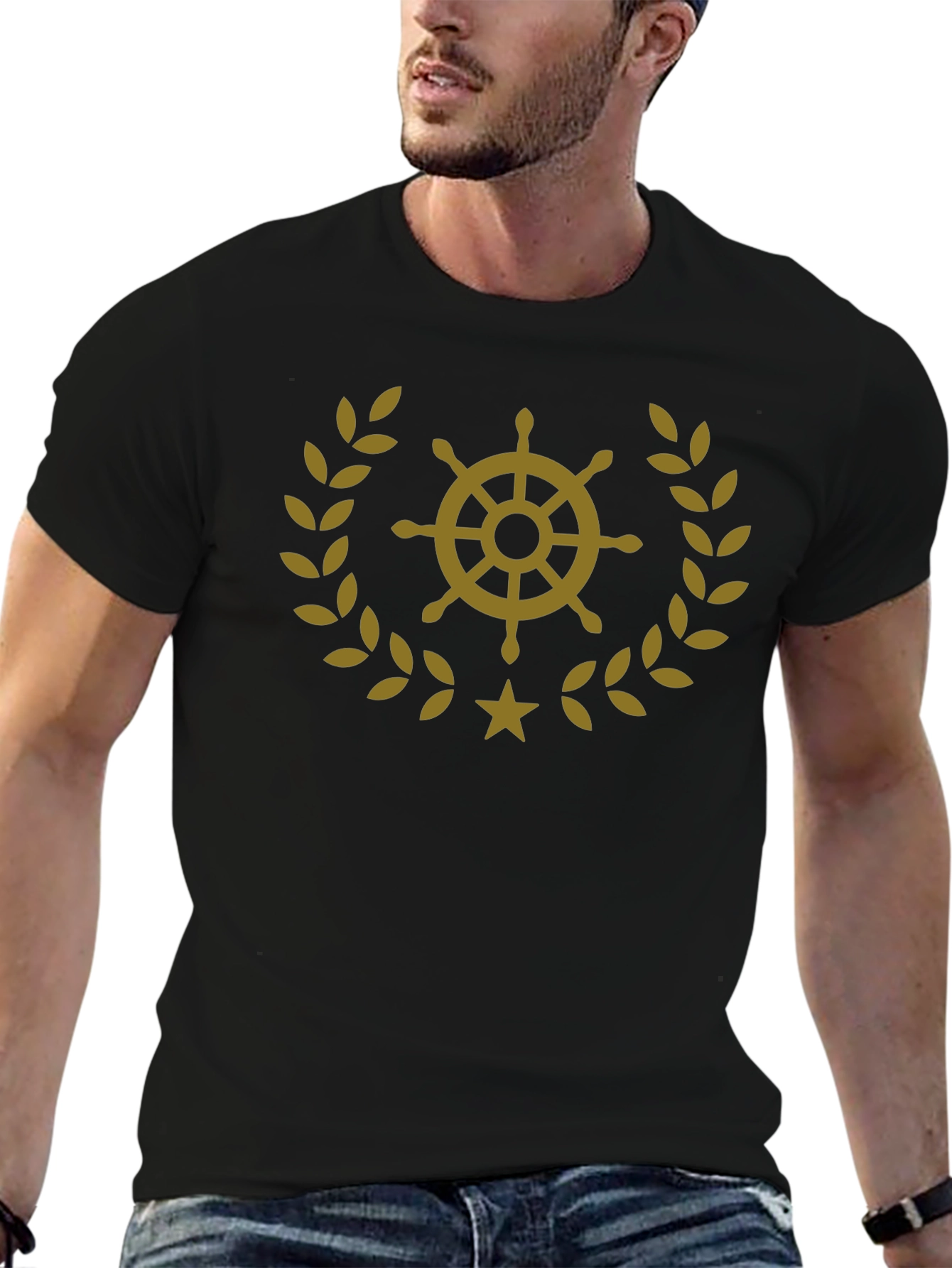 Nautical Wheel & Laurel Wreath Graphic T-Shirt - Black