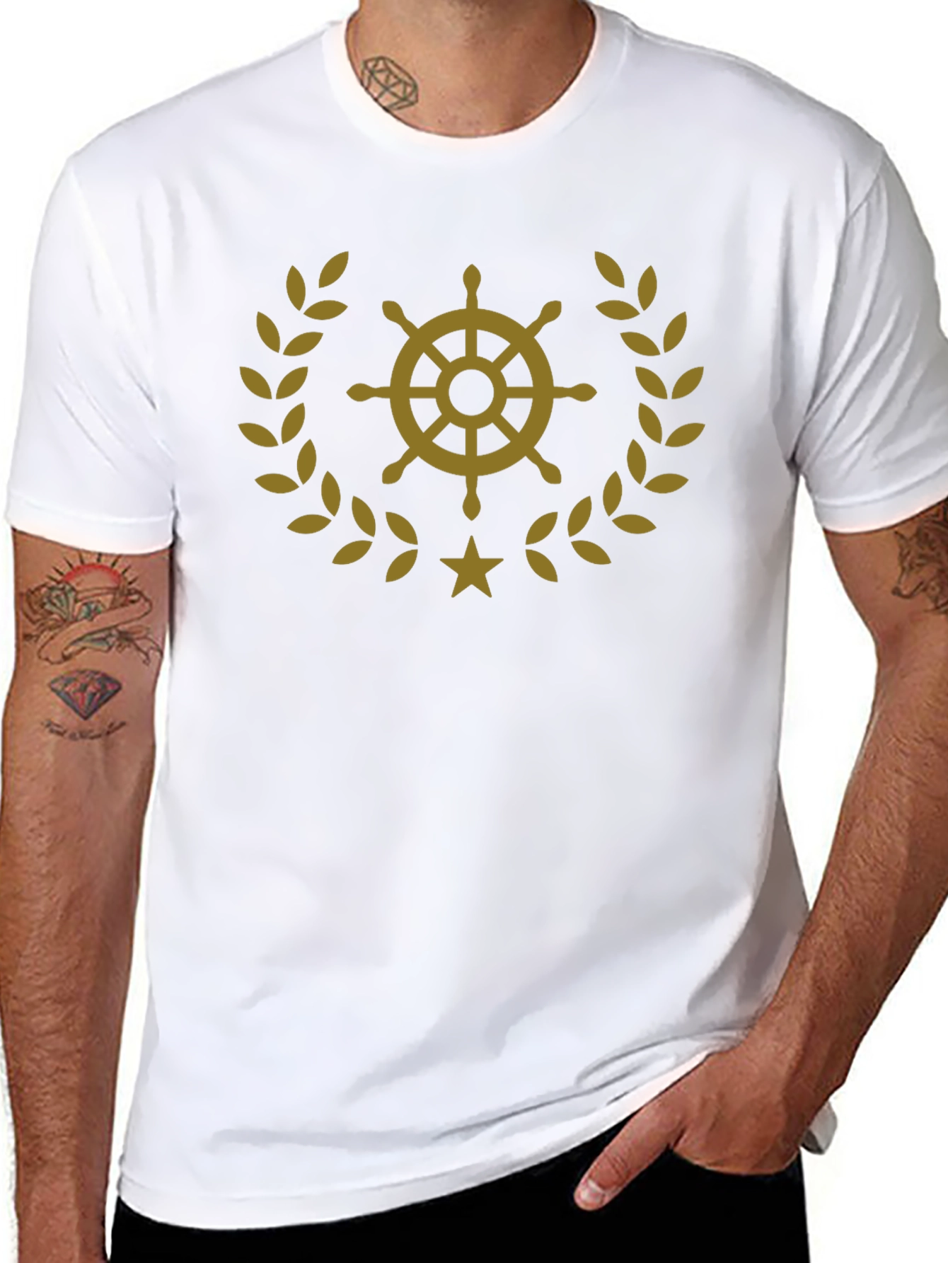 Nautical Wheel & Laurel Wreath Graphic T-Shirt - Black