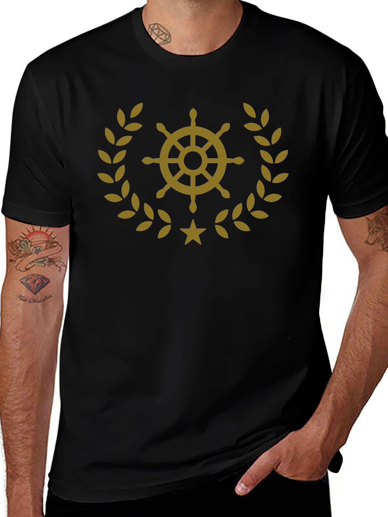 Nautical Wheel & Laurel Wreath Graphic T-Shirt - Black