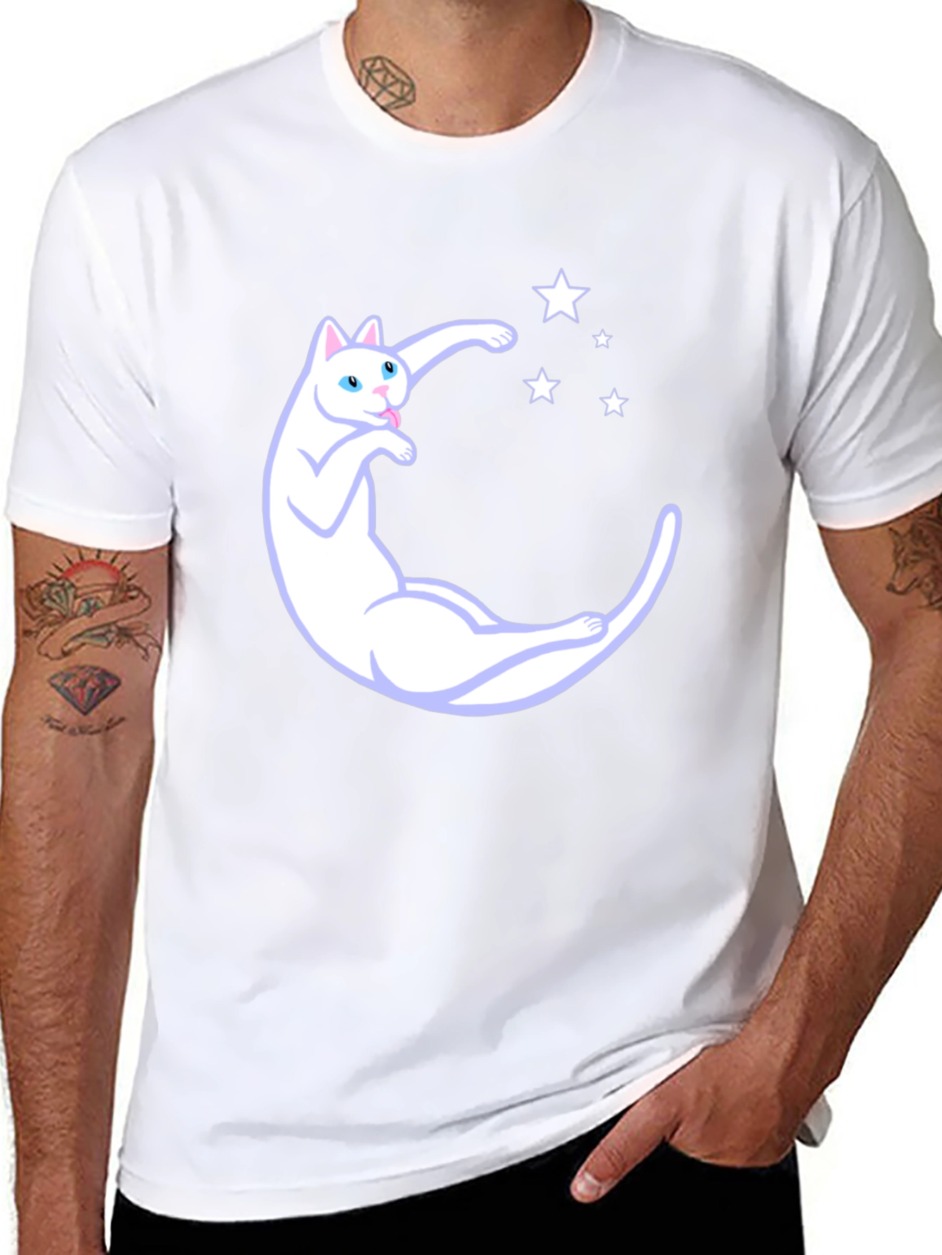 Cute Cat Moon & Stars Graphic Black T-Shirt
