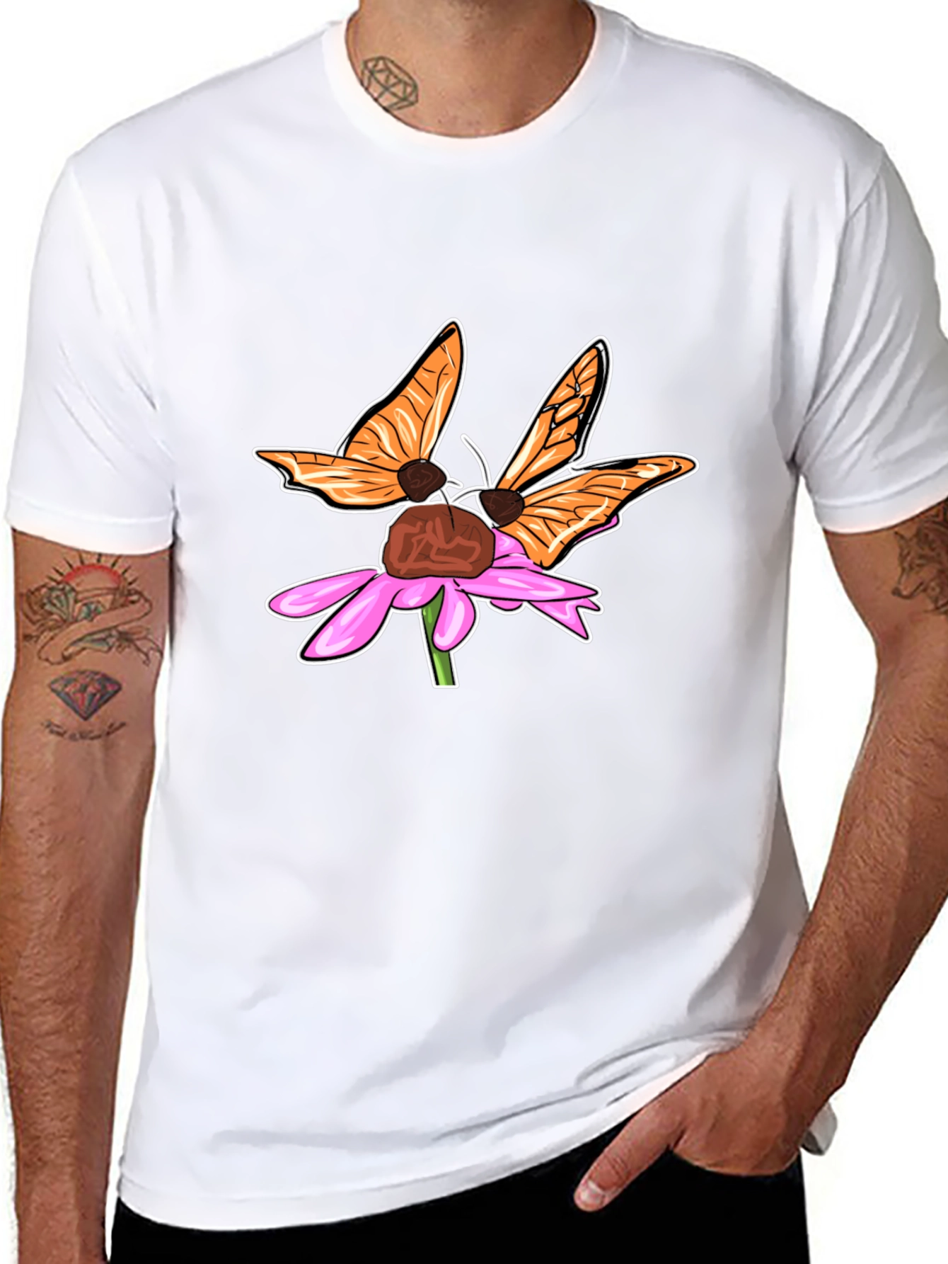 Butterfly on Flower Graphic Tee - Stylish Black T-Shirt