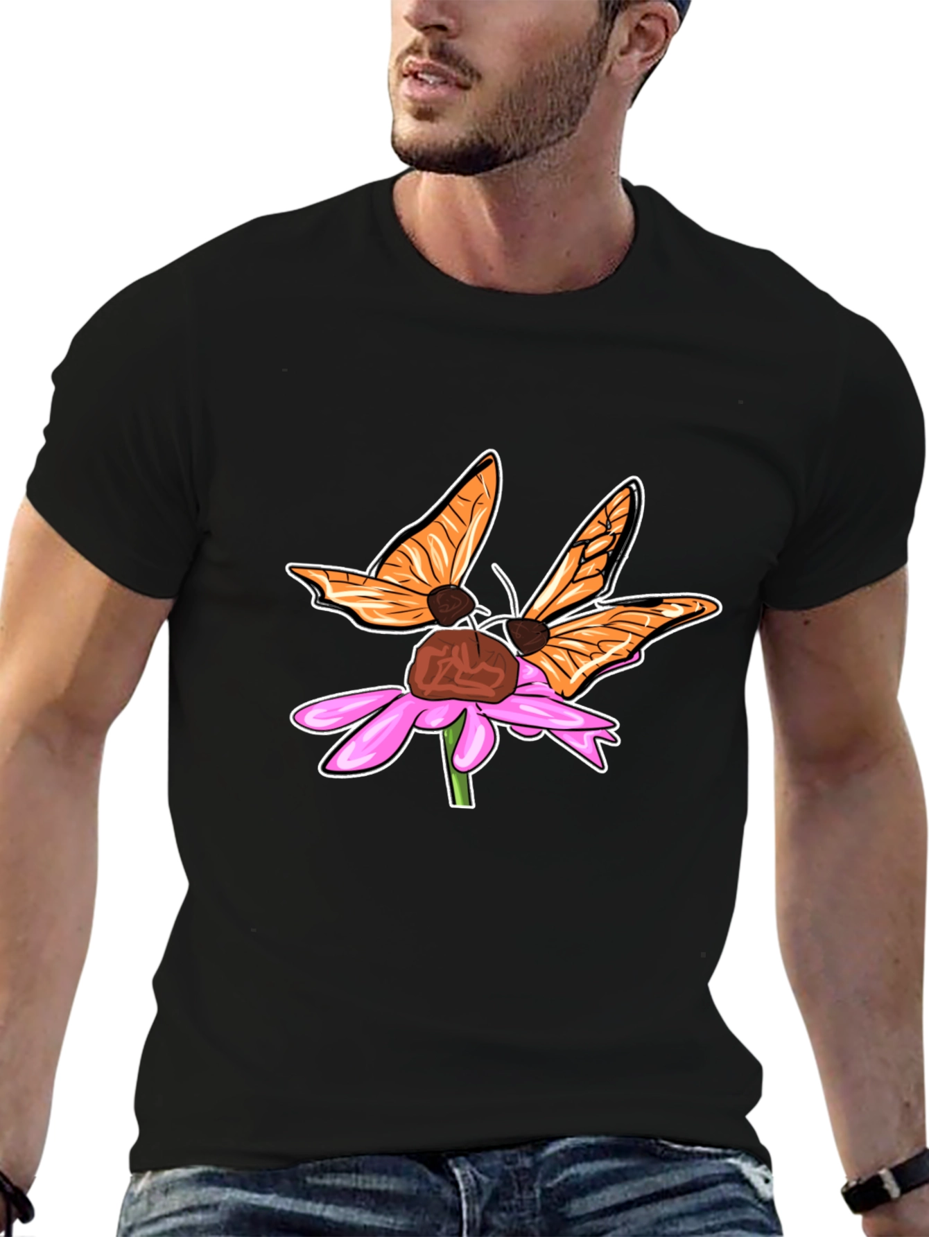 Butterfly on Flower Graphic Tee - Stylish Black T-Shirt