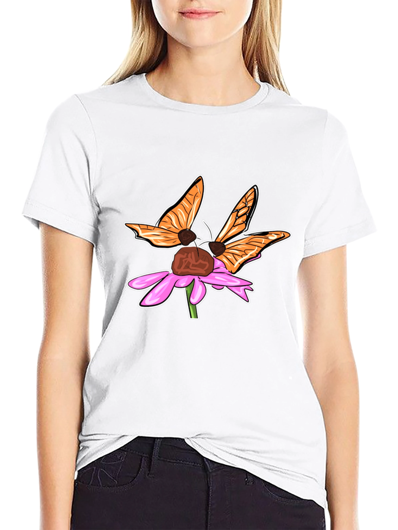 Butterfly on Flower Graphic Tee - Stylish Black T-Shirt