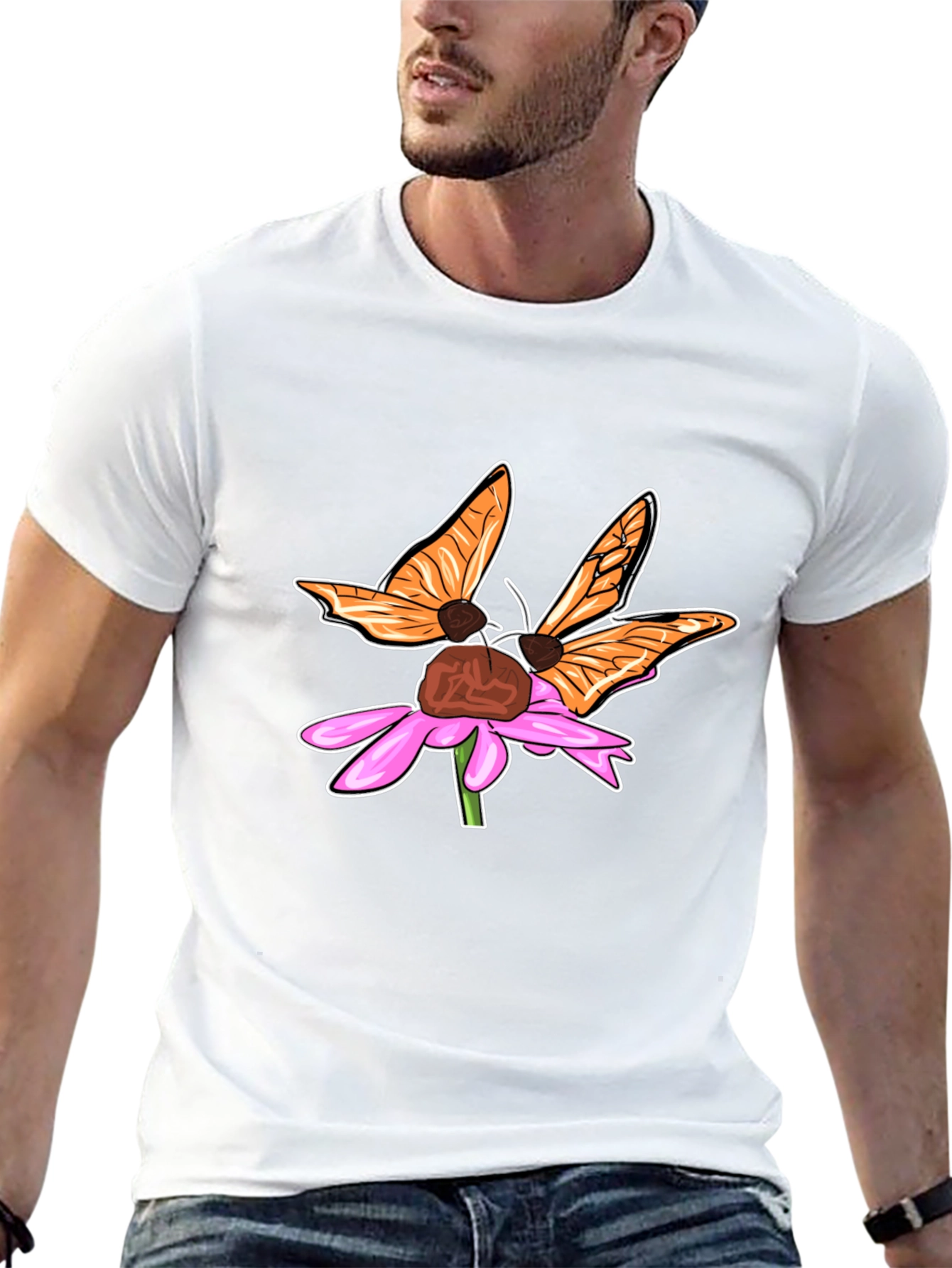 Butterfly on Flower Graphic Tee - Stylish Black T-Shirt