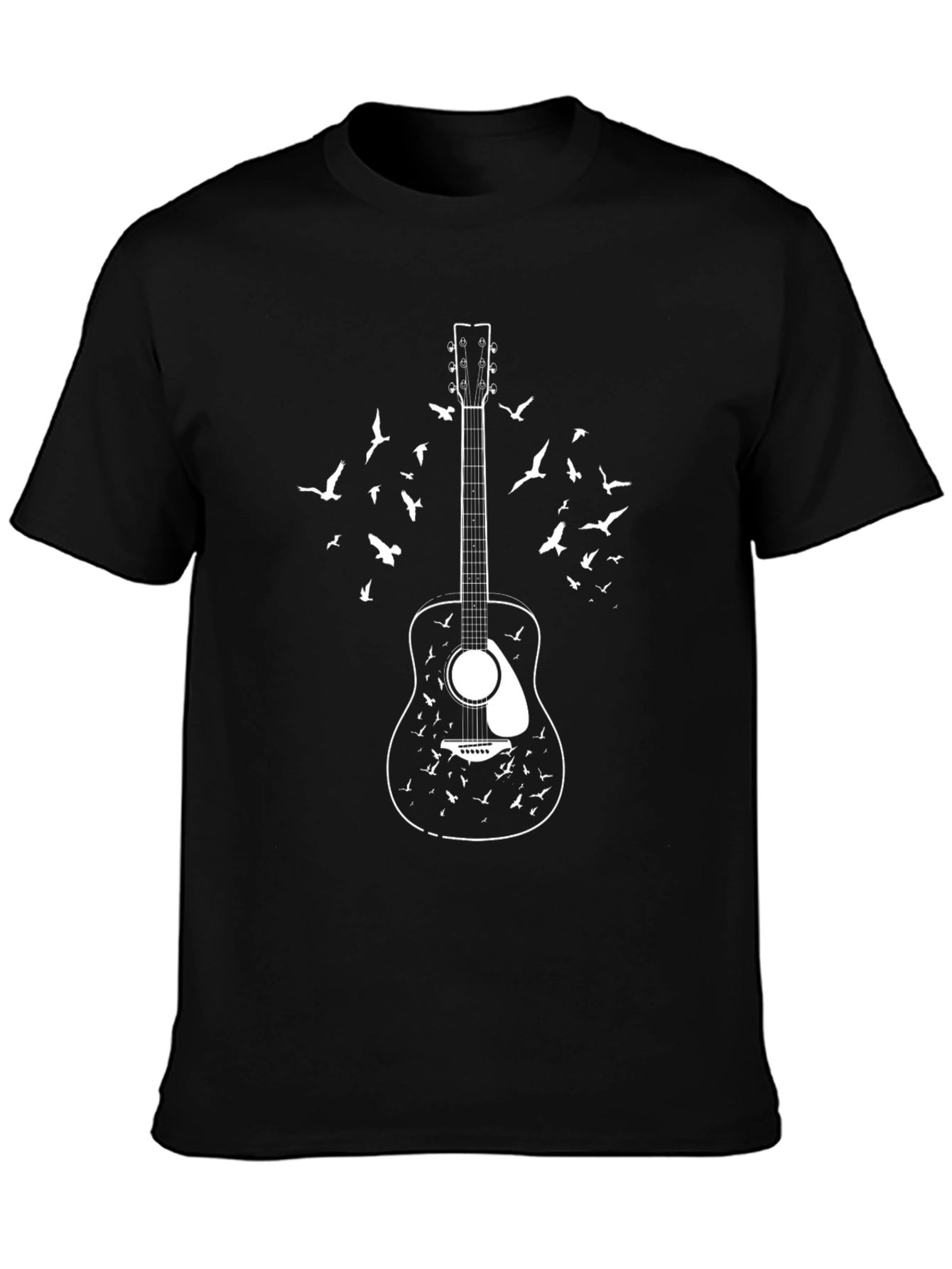 Guitar & Birds Graphic Print Black T-Shirt