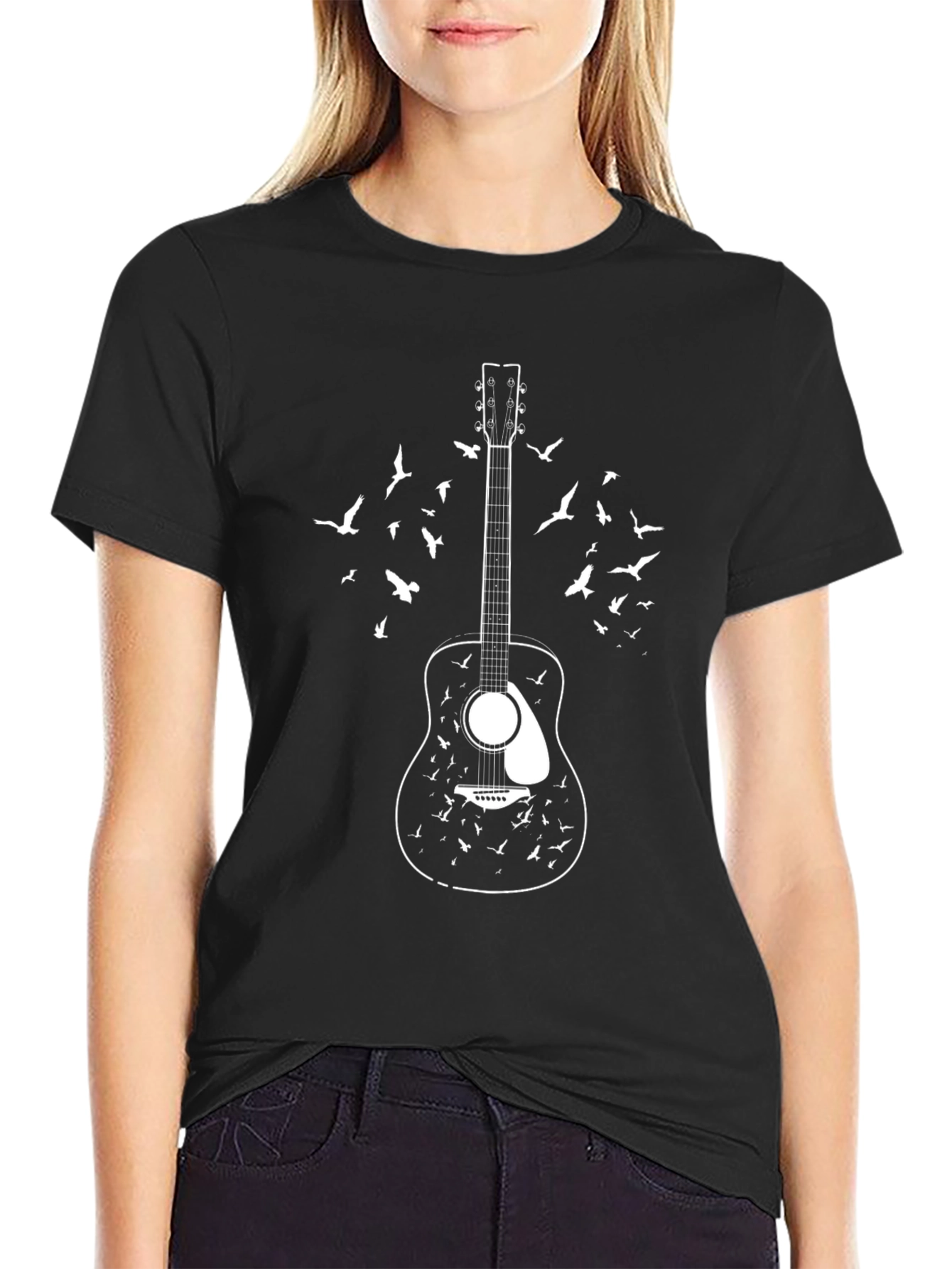 Guitar & Birds Graphic Print Black T-Shirt
