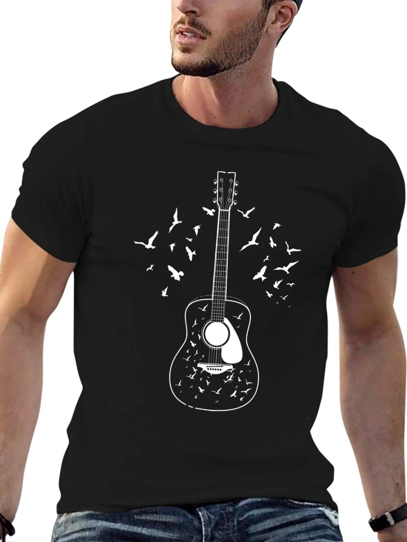 Guitar & Birds Graphic Print Black T-Shirt