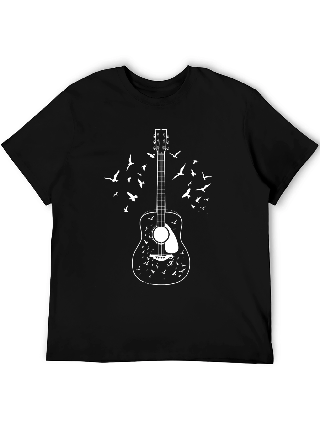 Guitar & Birds Graphic Print Black T-Shirt