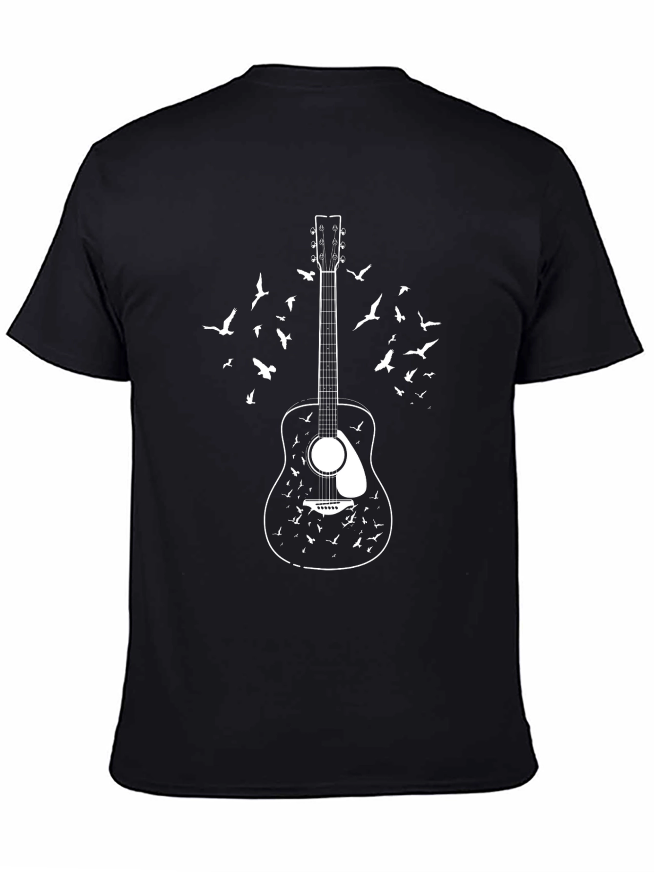Guitar & Birds Graphic Print Black T-Shirt