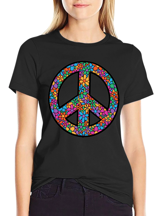 Floral Peace Sign Graphic T-Shirt - Black