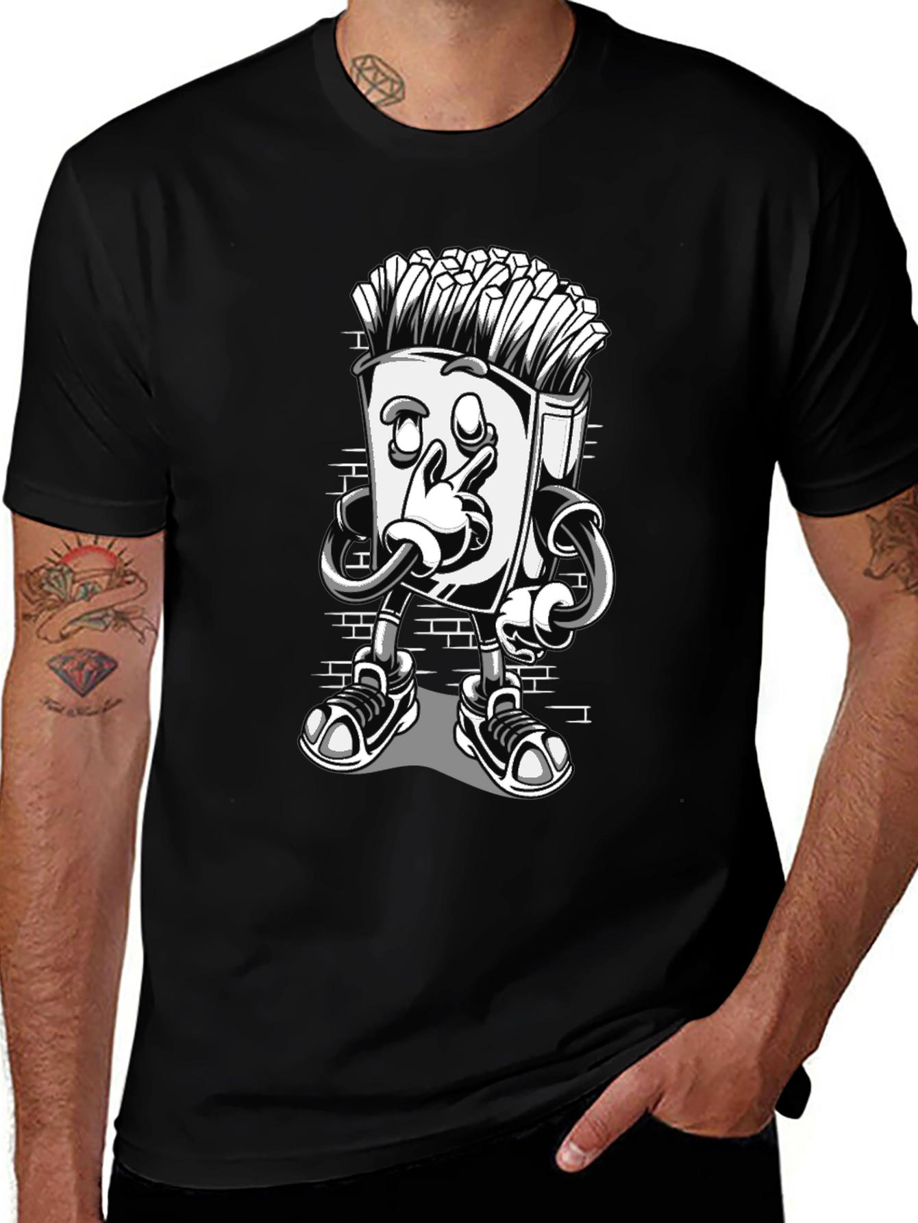 Cool Cartoon French Fries Black T-Shirt