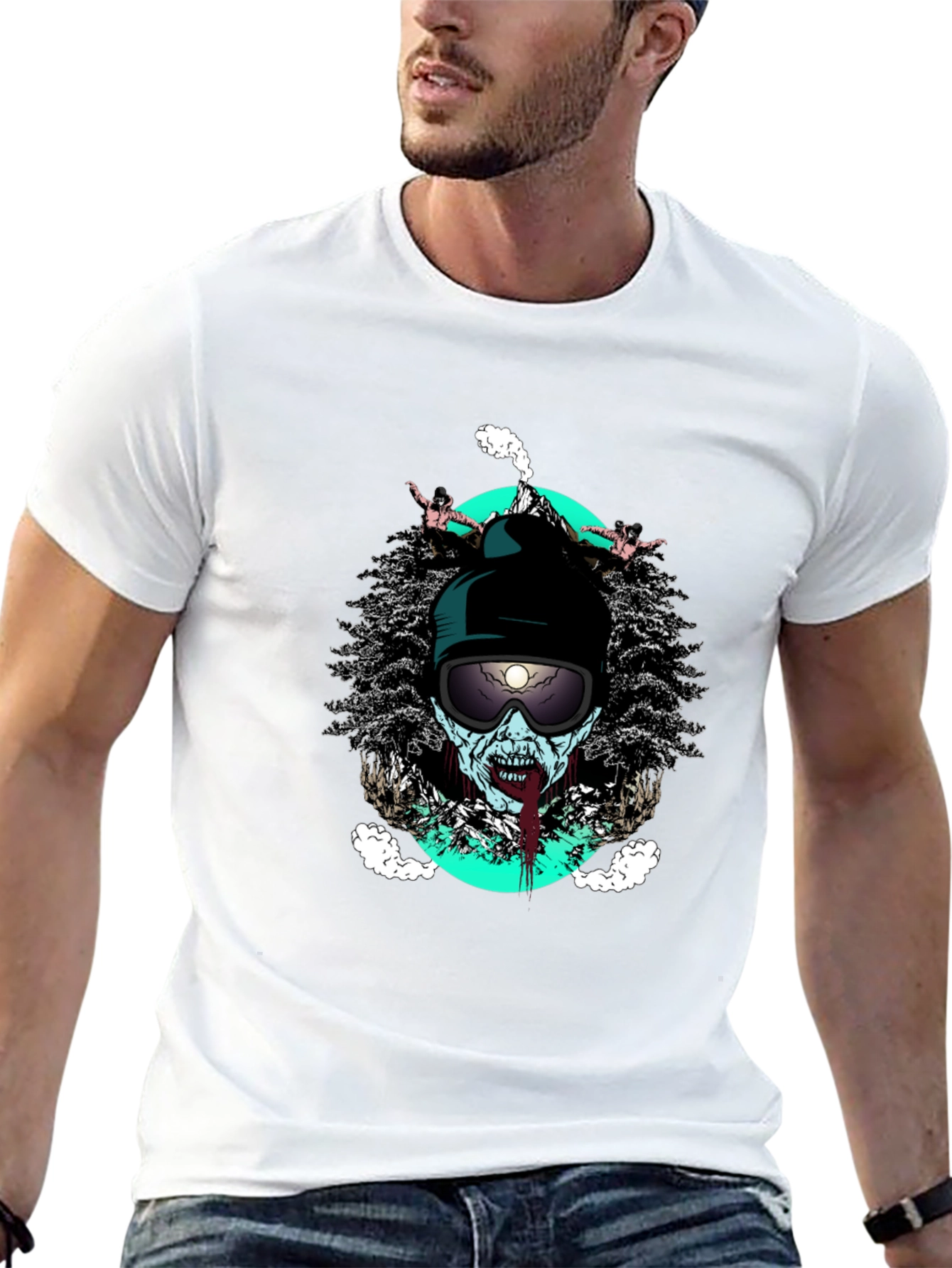 Zombie Skier Graphic Tee - Black Cotton T-Shirt