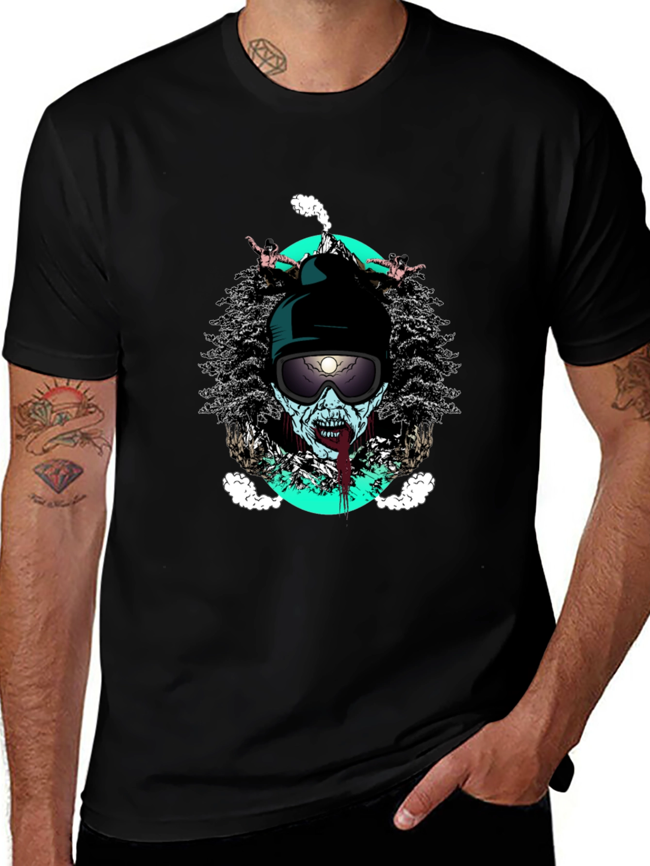 Zombie Skier Graphic Tee - Black Cotton T-Shirt