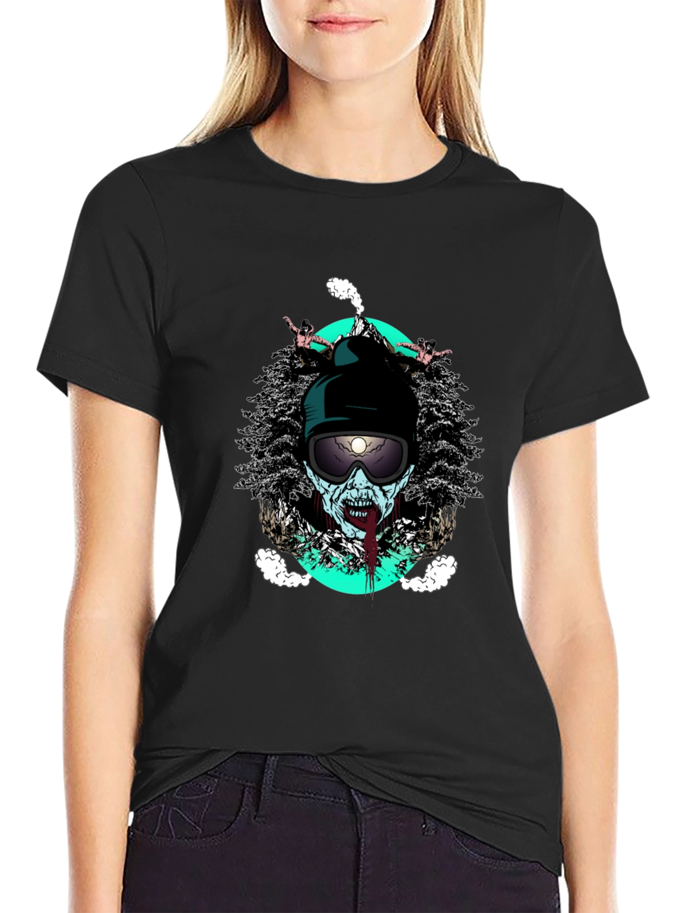 Zombie Skier Graphic Tee - Black Cotton T-Shirt