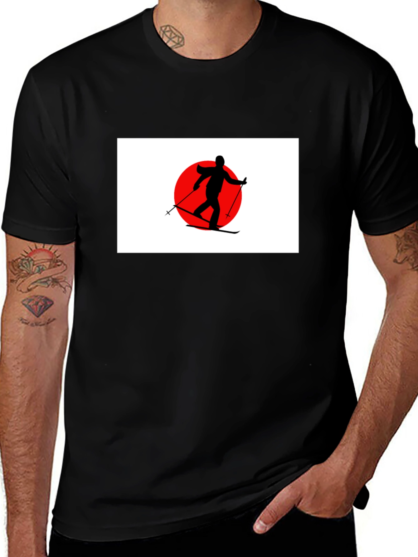 Skier Graphic T-Shirt: Japan Flag Inspired Design