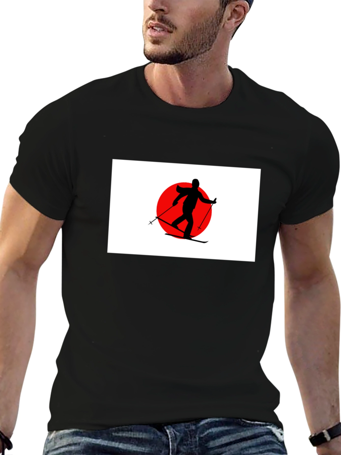 Skier Graphic T-Shirt: Japan Flag Inspired Design