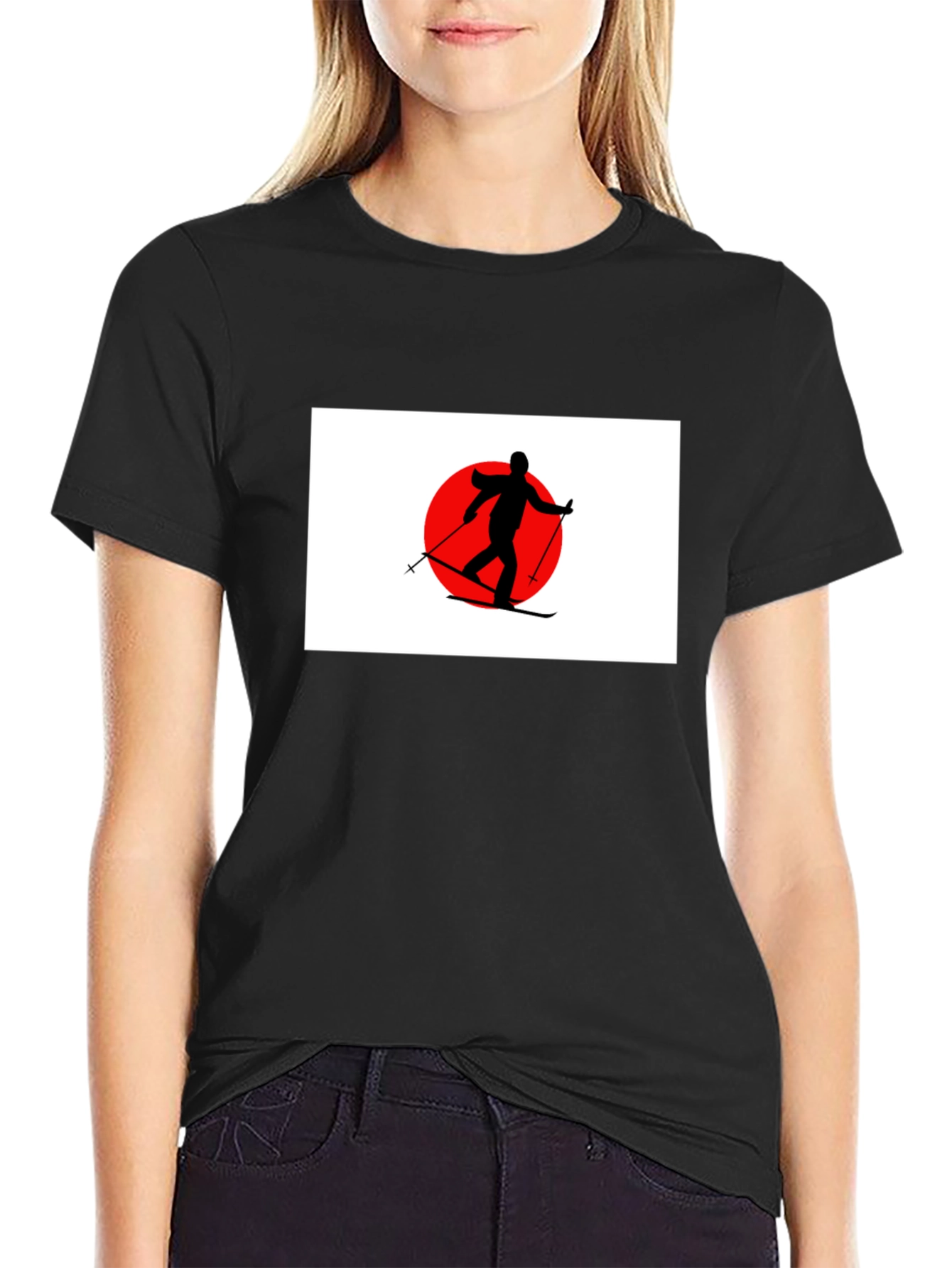 Skier Graphic T-Shirt: Japan Flag Inspired Design