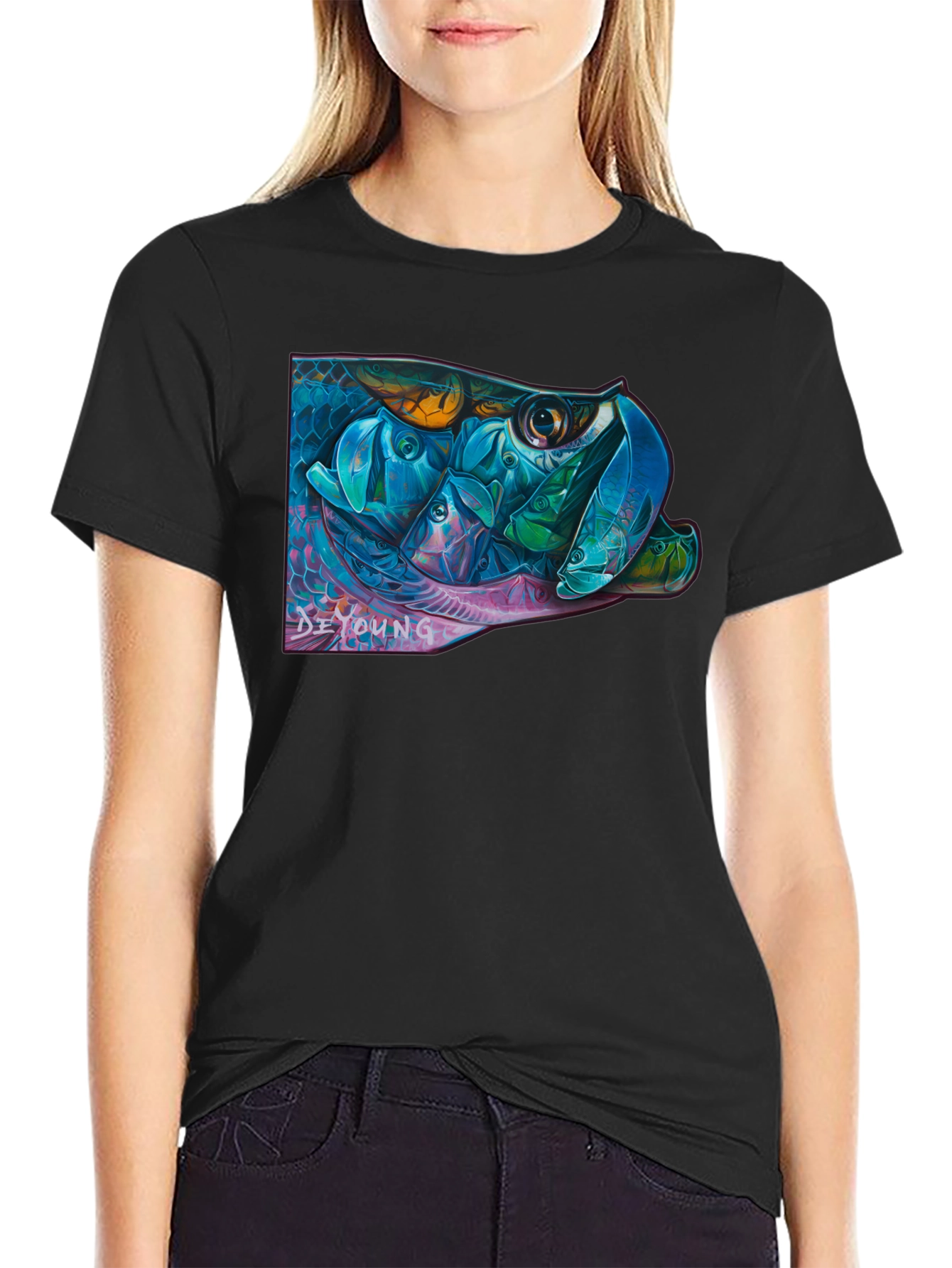Vibrant Fish Graphic Black T-Shirt
