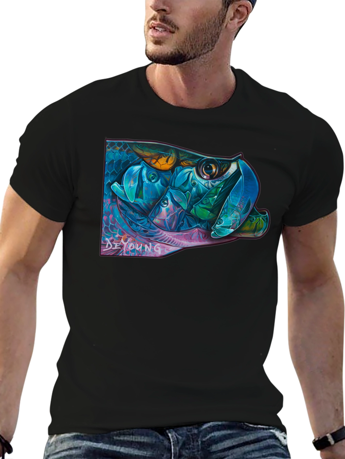Vibrant Fish Graphic Black T-Shirt
