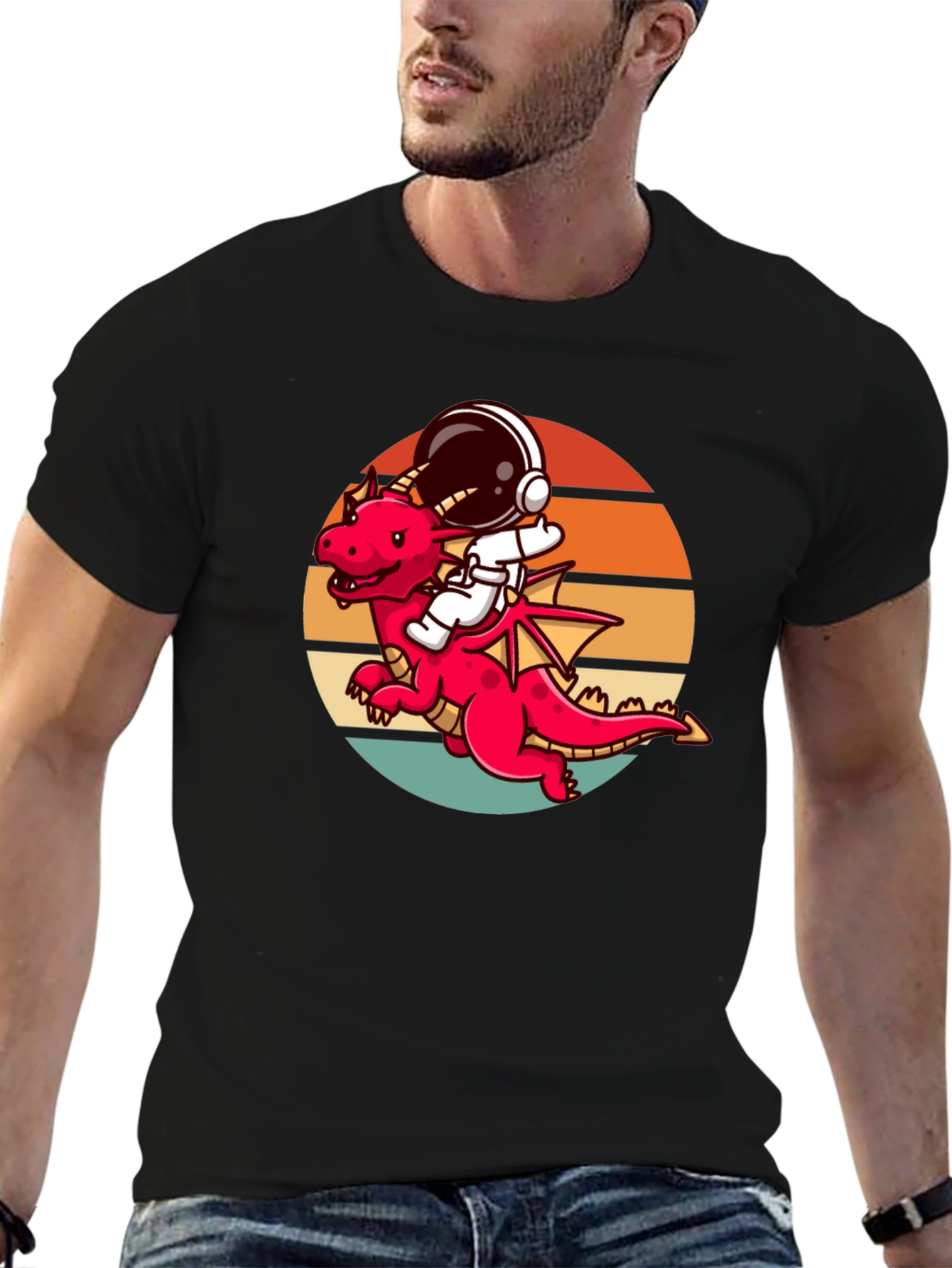 Astronaut Dragon Graphic Tee - Unique Design Black Shirt