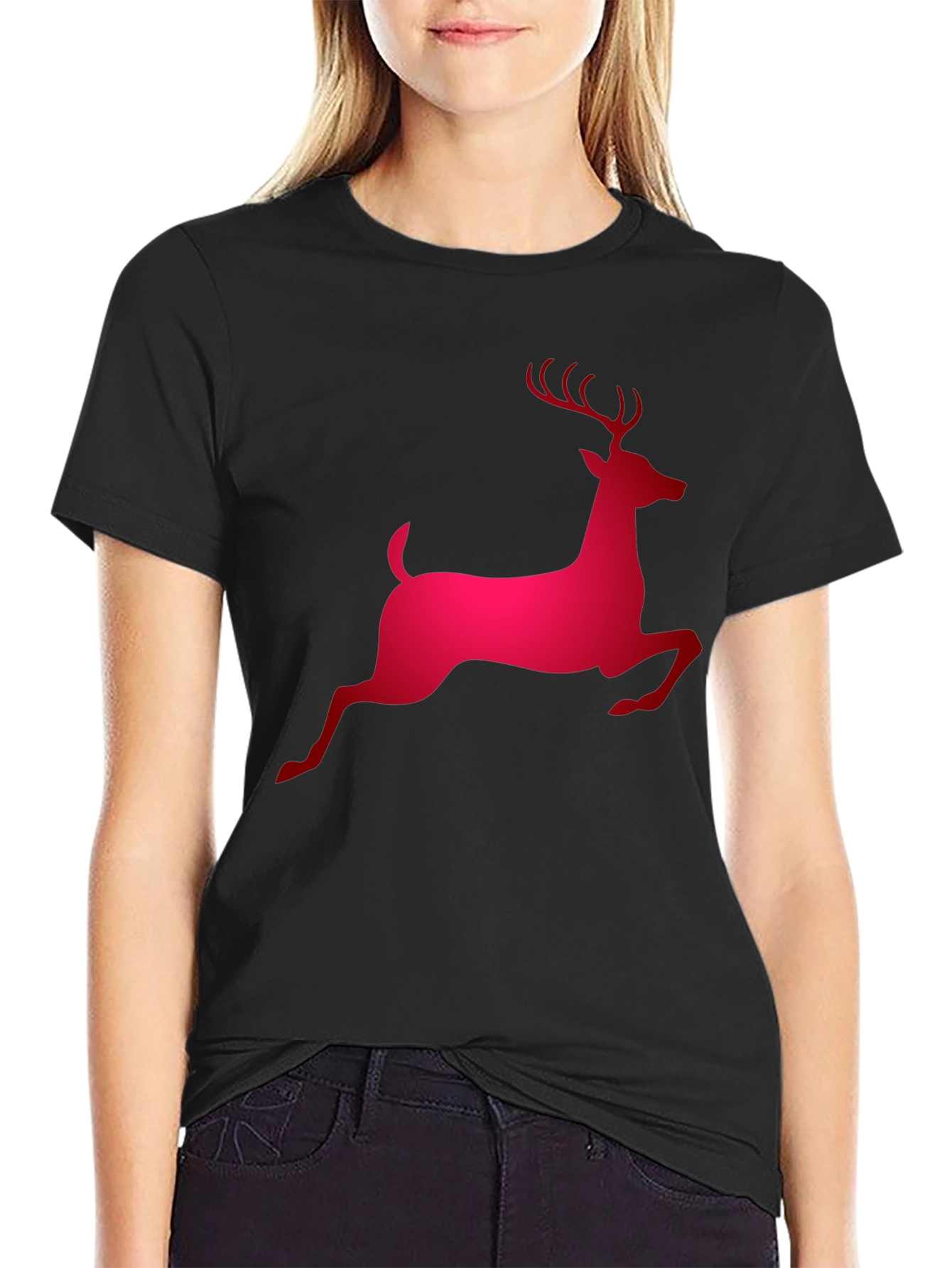 Red Reindeer Graphic Black T-Shirt