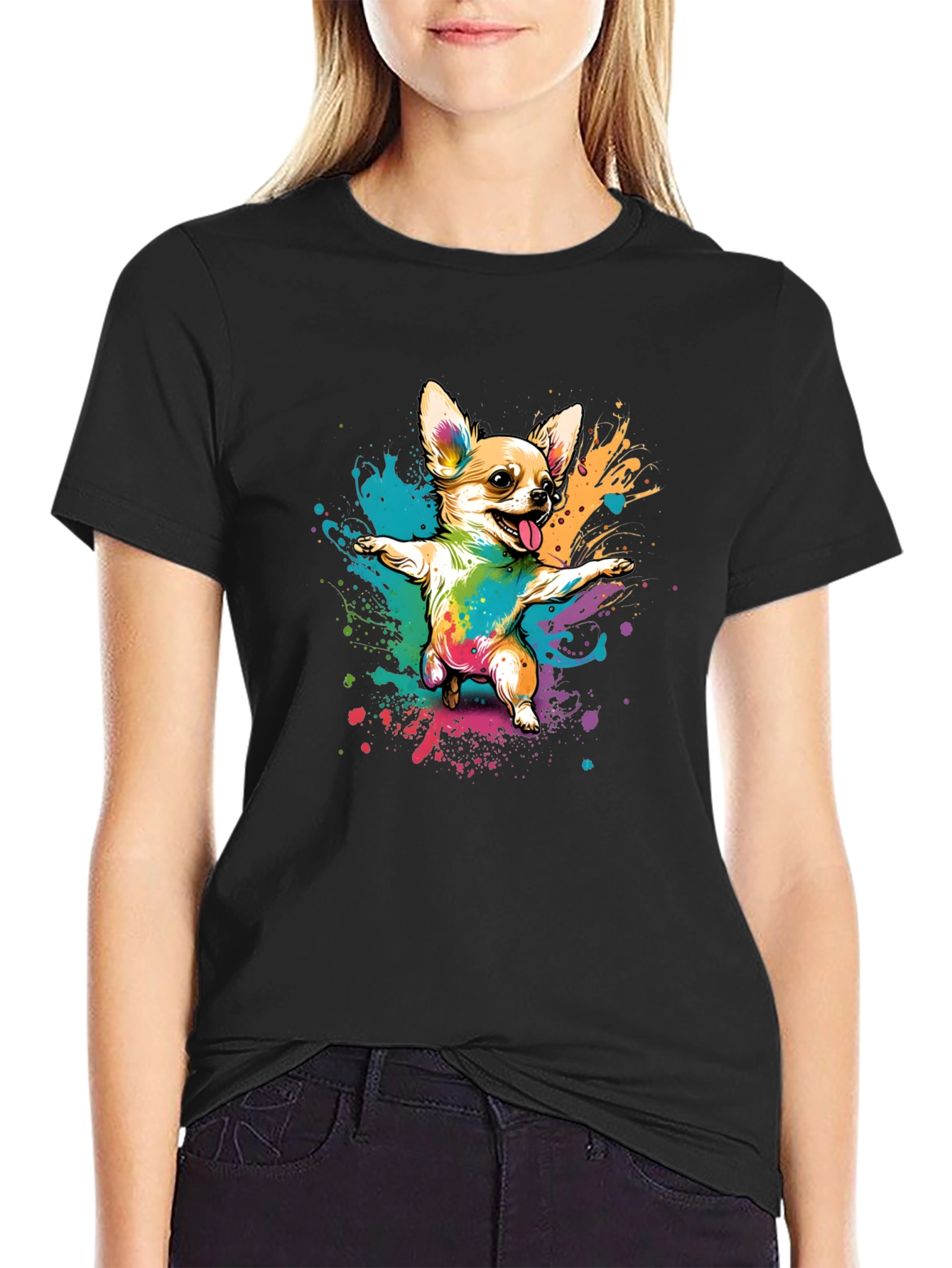 Chihuahua Dab Rainbow Art Black T-Shirt