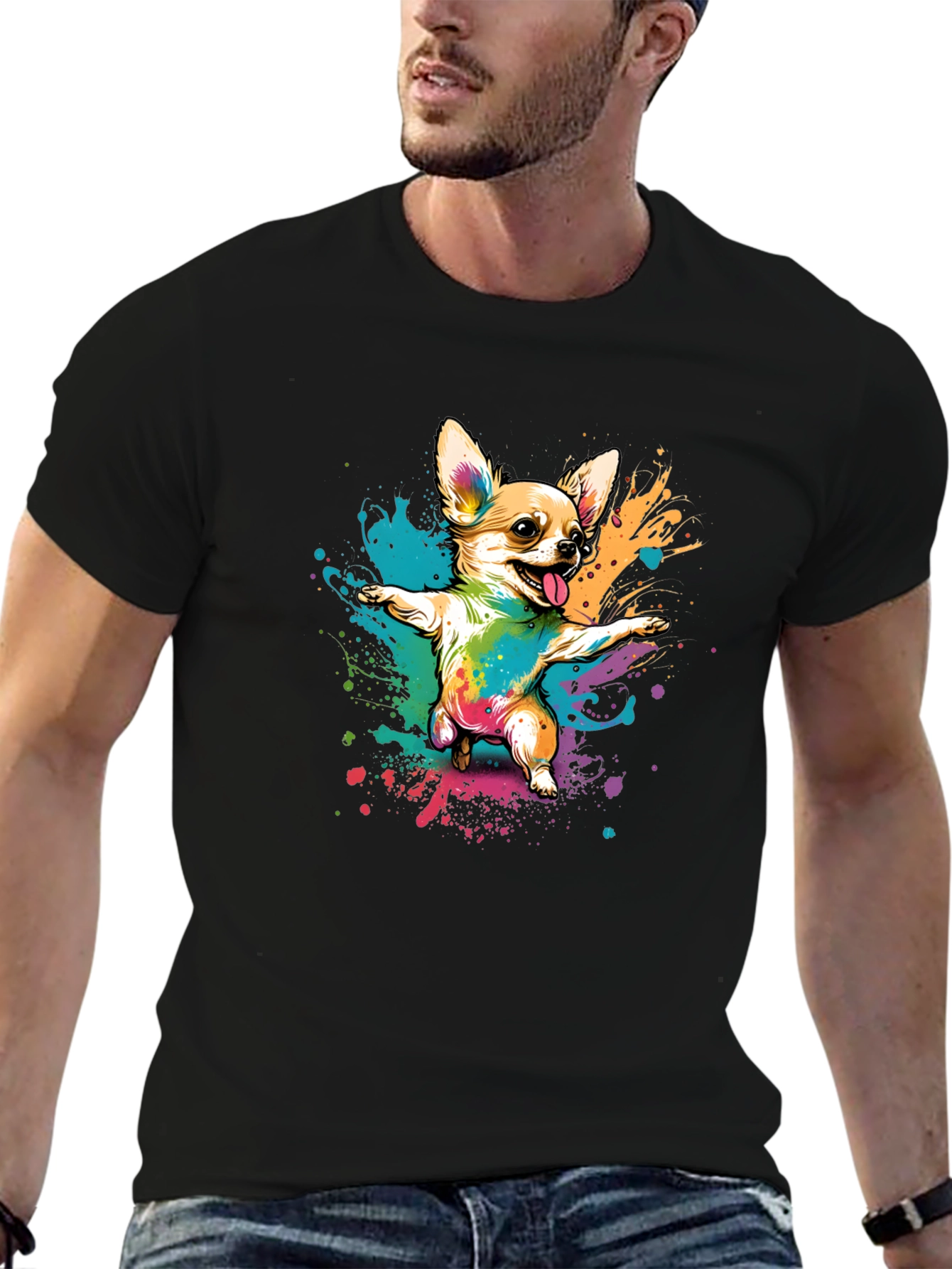 Chihuahua Dab Rainbow Art Black T-Shirt
