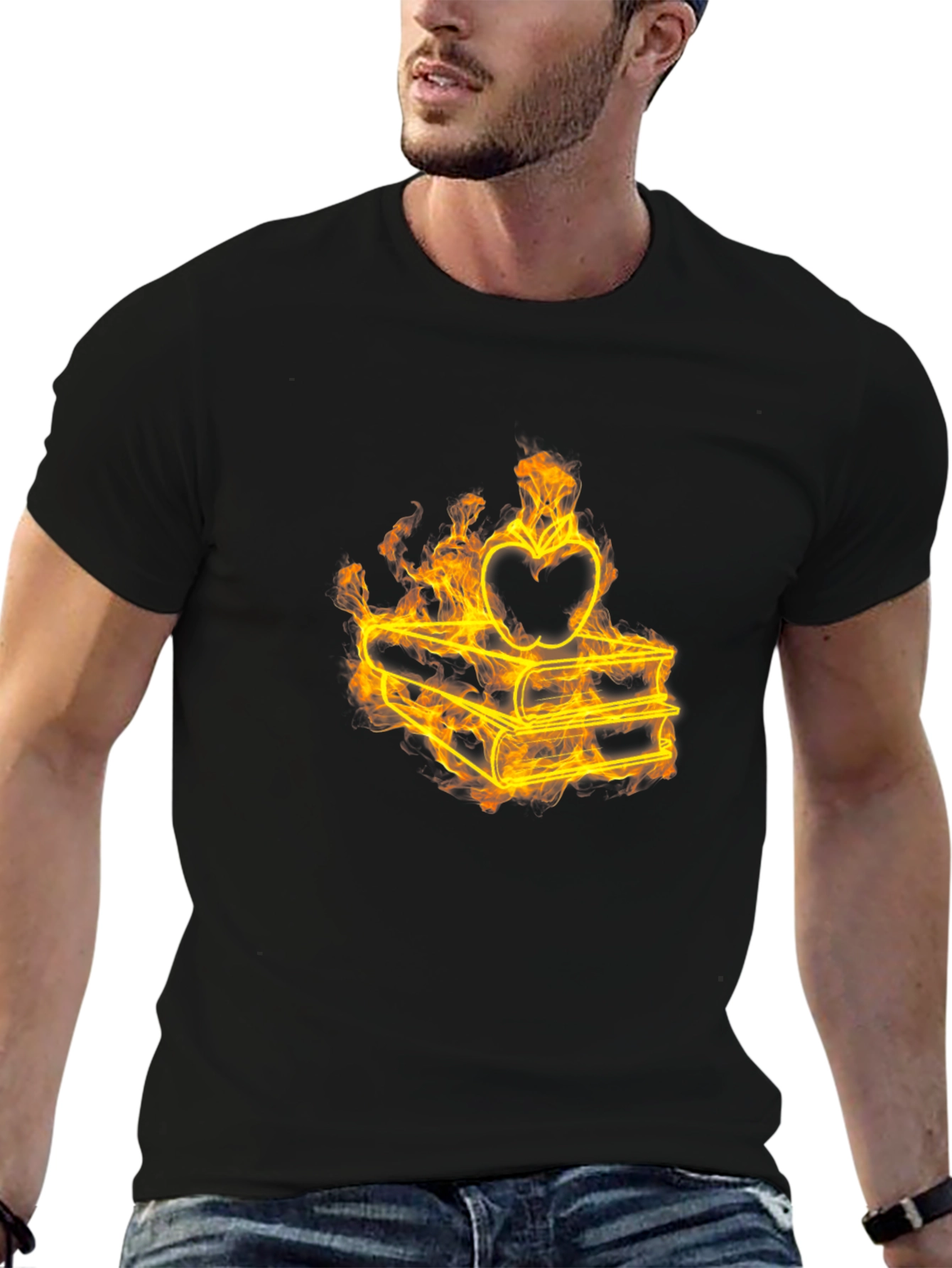 Fiery Apple on Books Black T-Shirt