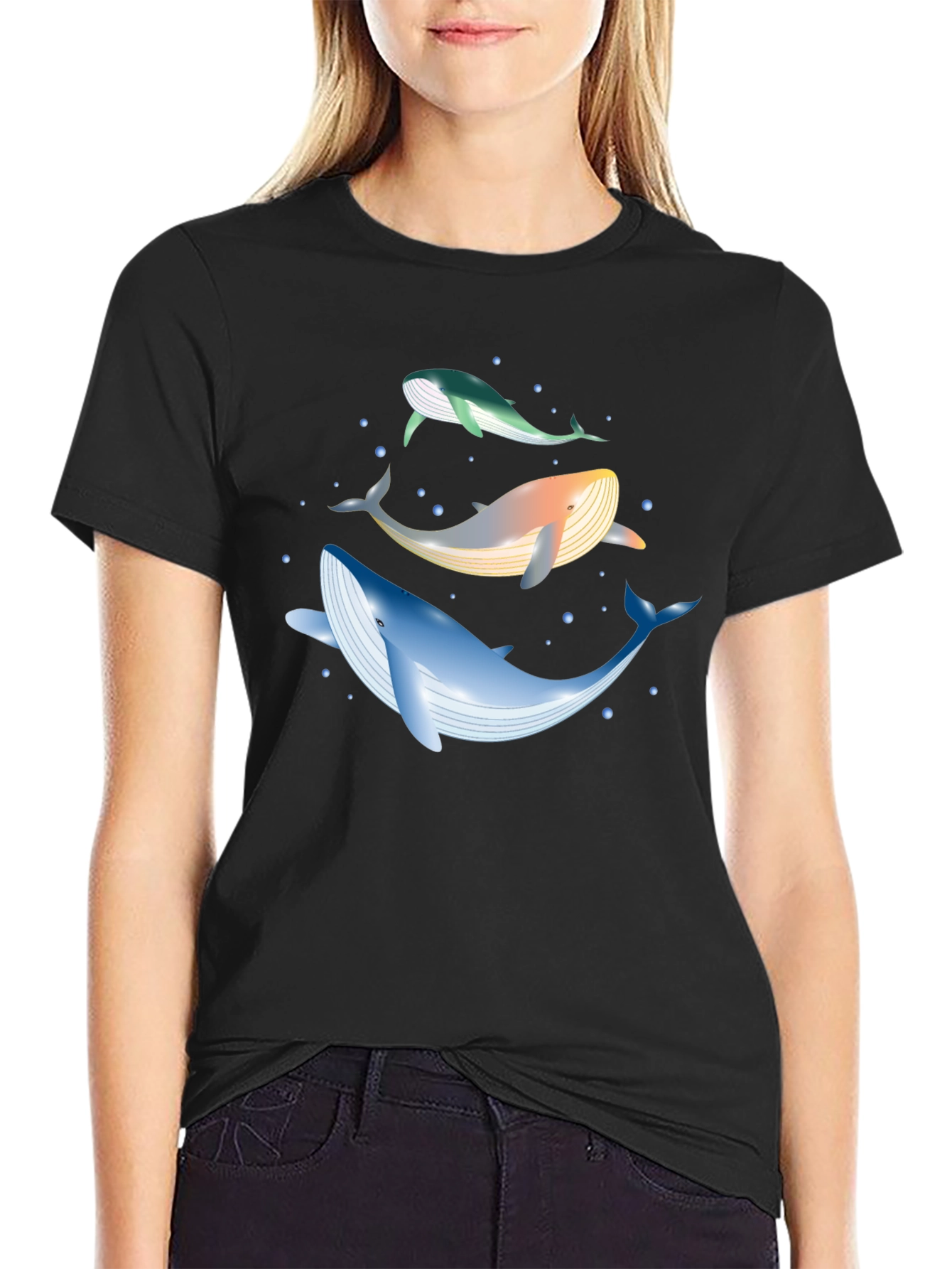 Whale Trio Graphic Tee - Black Cotton Casual Wear
