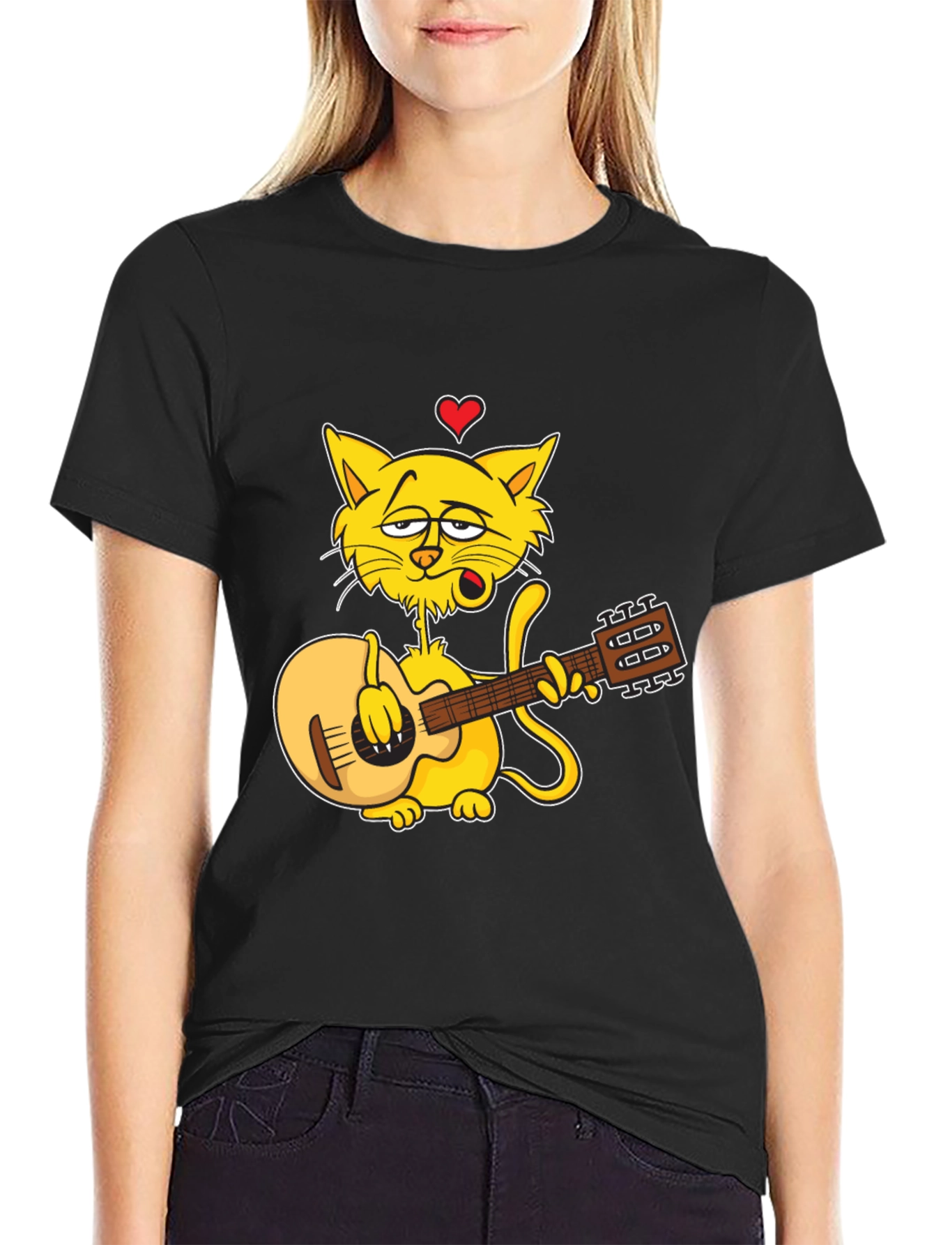 Cat Guitarist Graphic Black T-Shirt