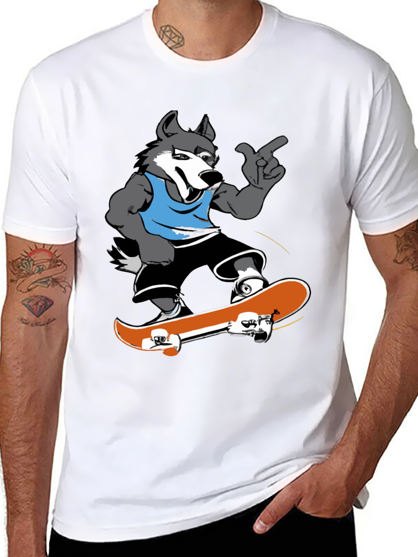 Cool Wolf Skateboarder Black T-Shirt