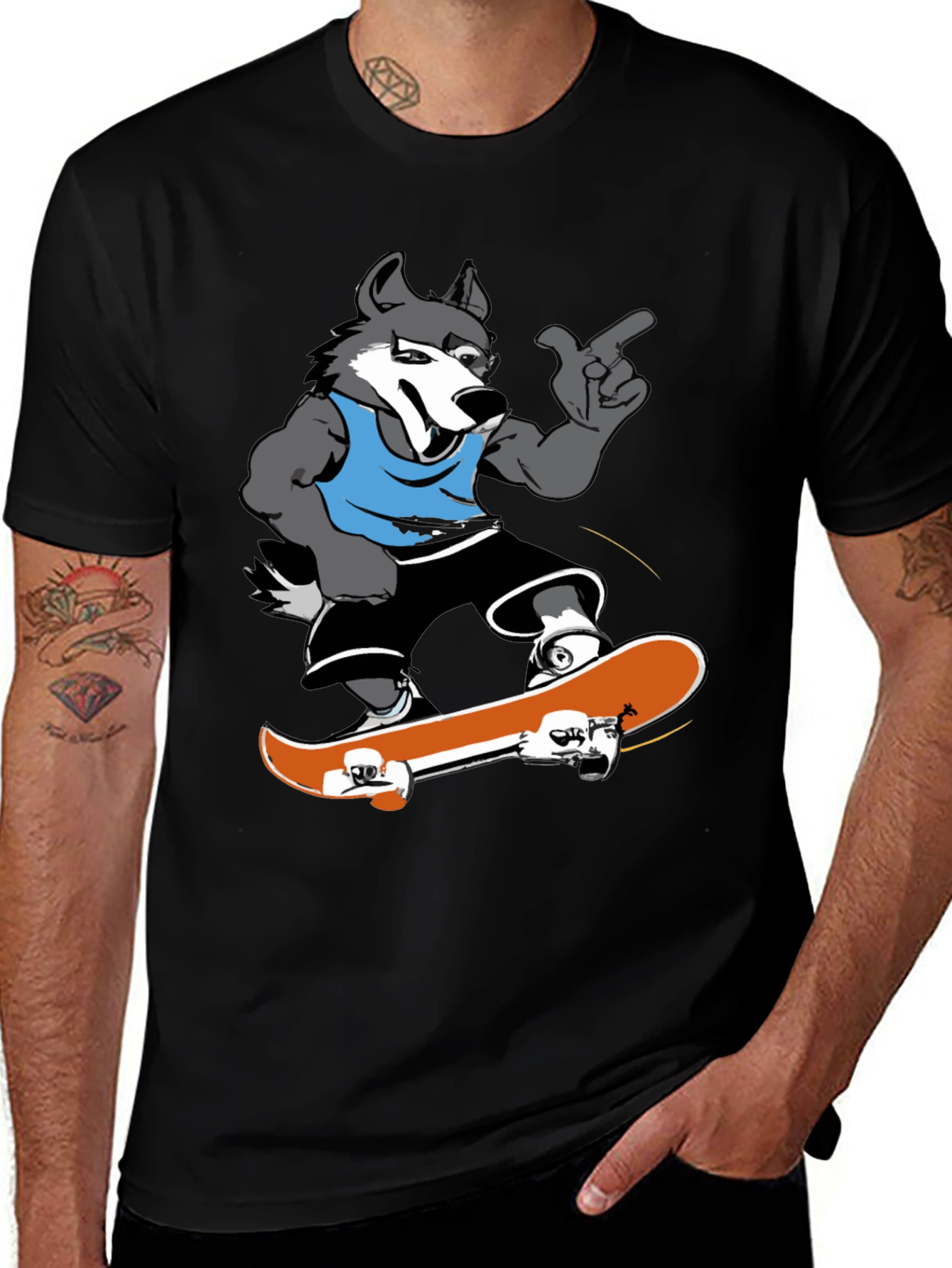 Cool Wolf Skateboarder Black T-Shirt