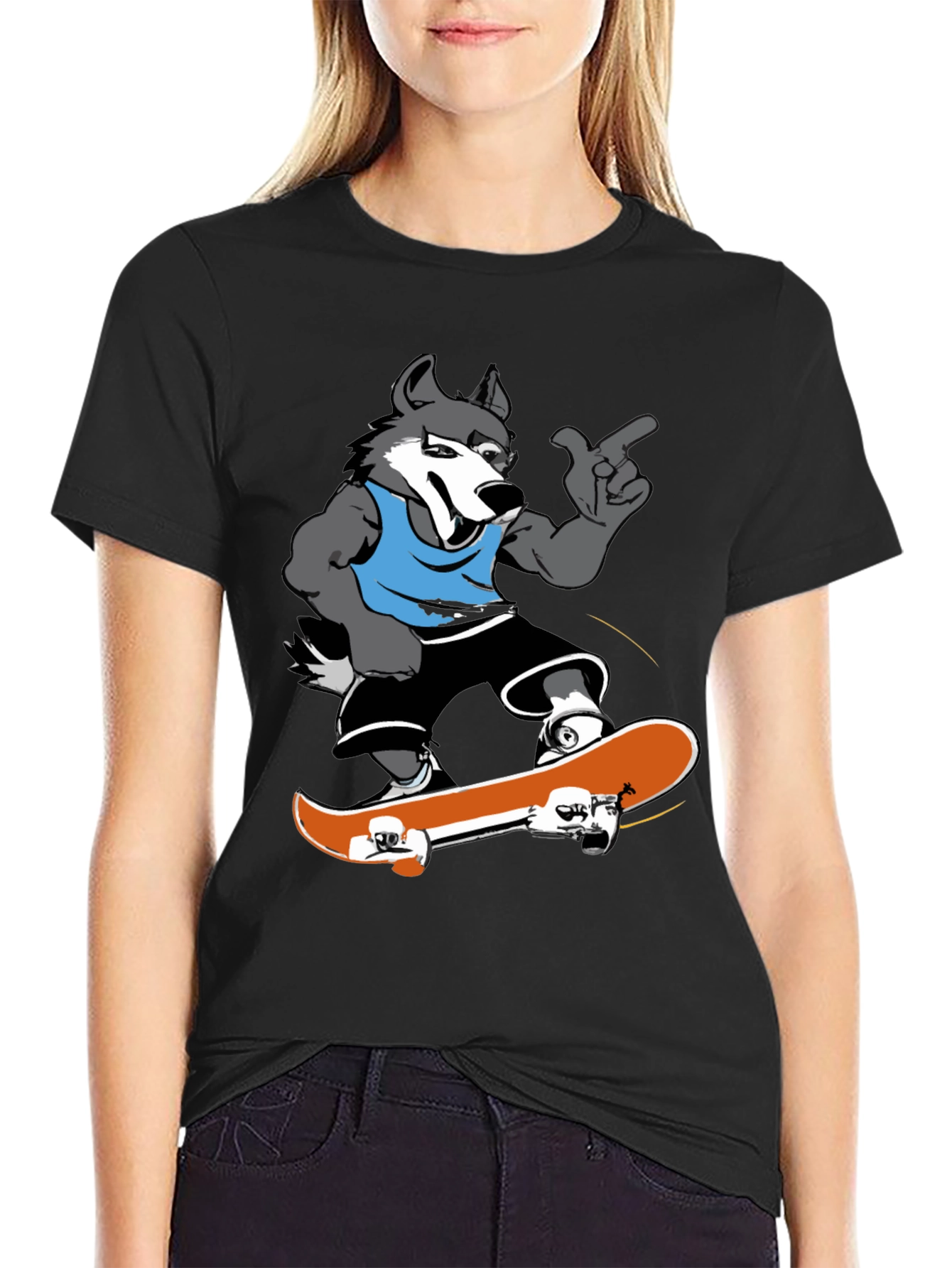 Cool Wolf Skateboarder Black T-Shirt