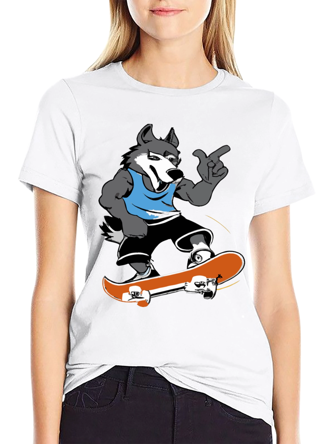 Cool Wolf Skateboarder Black T-Shirt