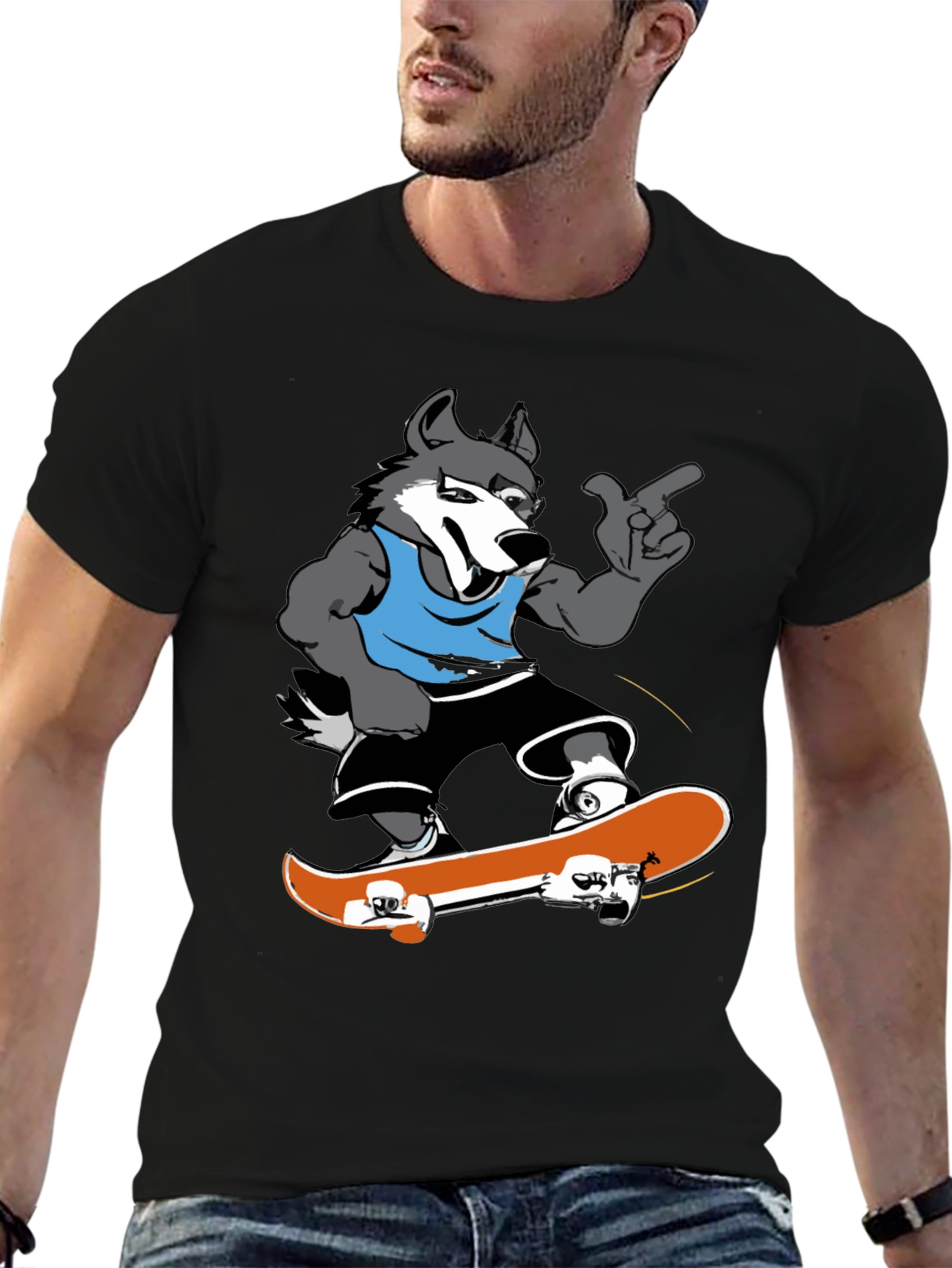 Cool Wolf Skateboarder Black T-Shirt