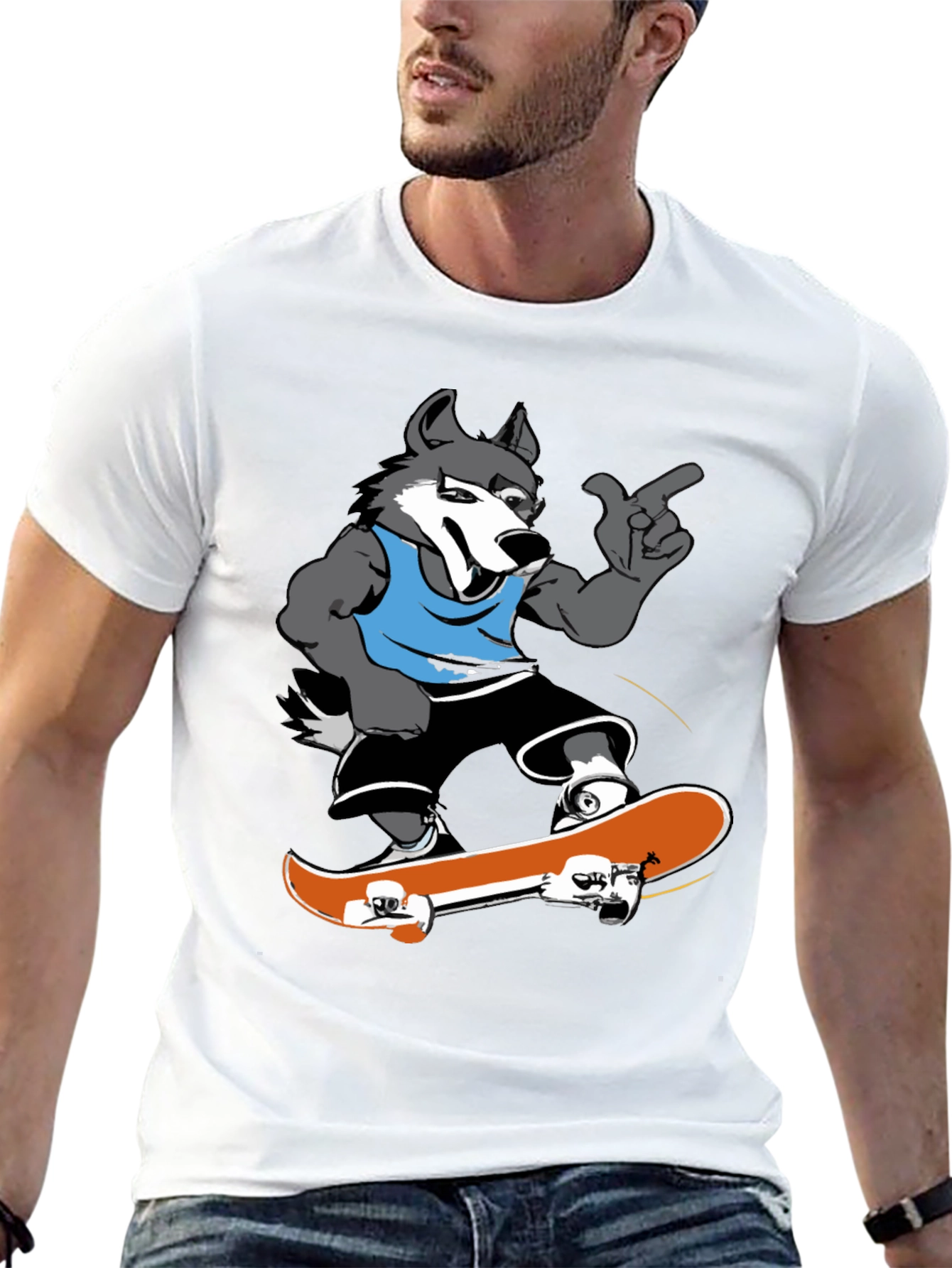 Cool Wolf Skateboarder Black T-Shirt