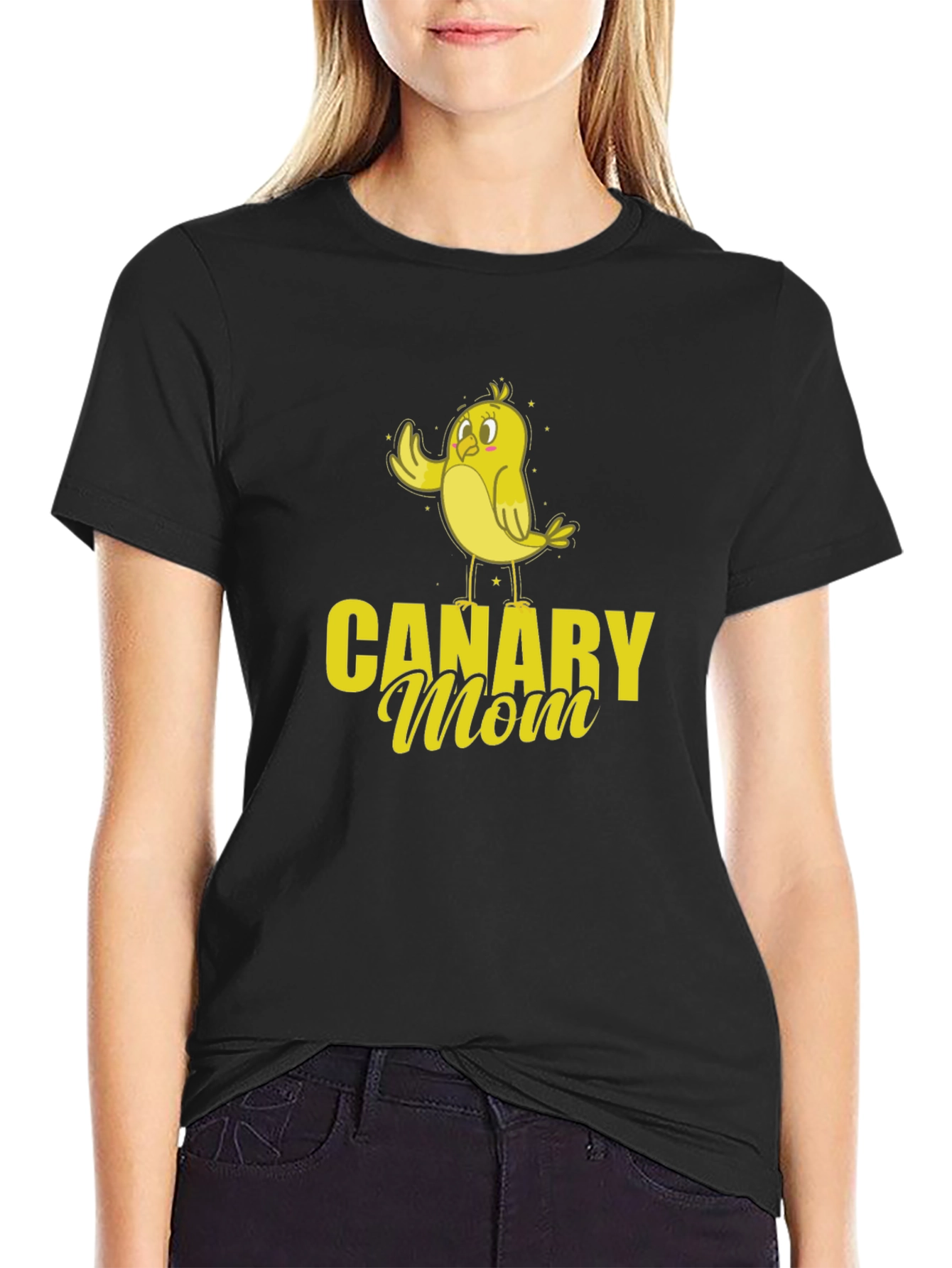 Canary Mom Black T-Shirt with Cute Bird Graphic
