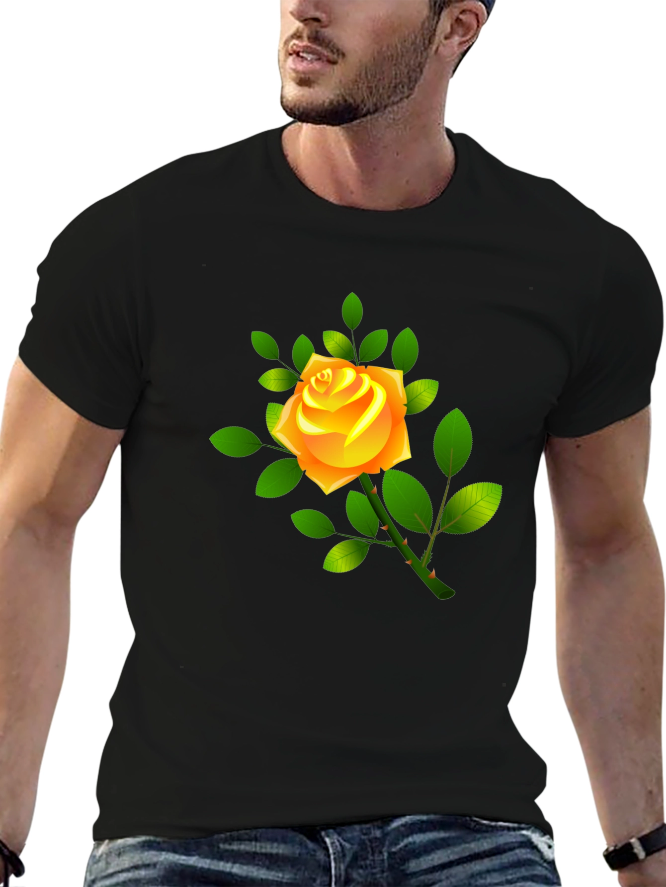 Black Tee with Yellow Rose Graphic