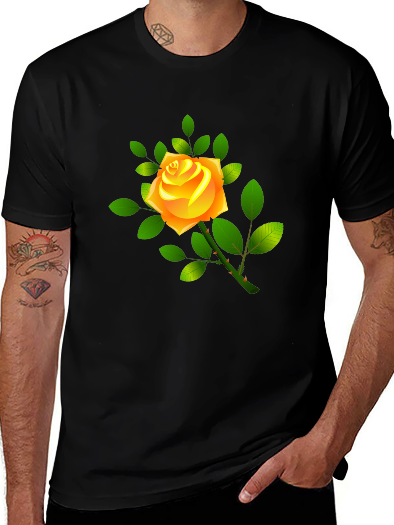 Black Tee with Yellow Rose Graphic