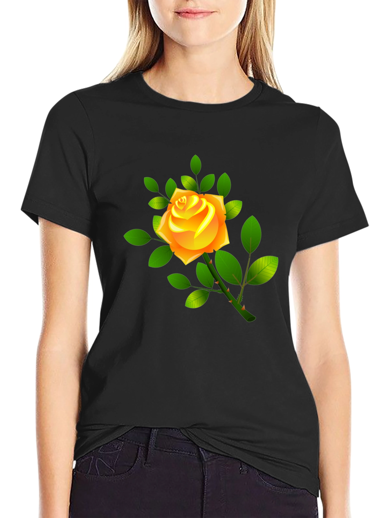 Black Tee with Yellow Rose Graphic