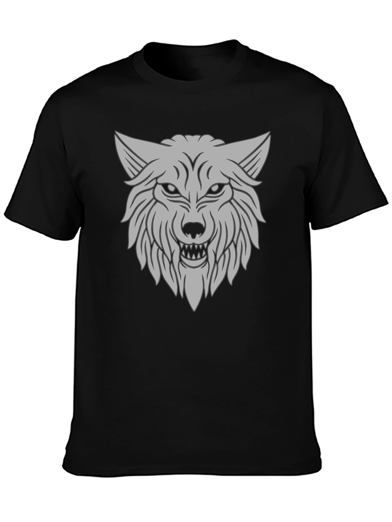 Mens Black T-Shirt with Gray Wolf Graphic