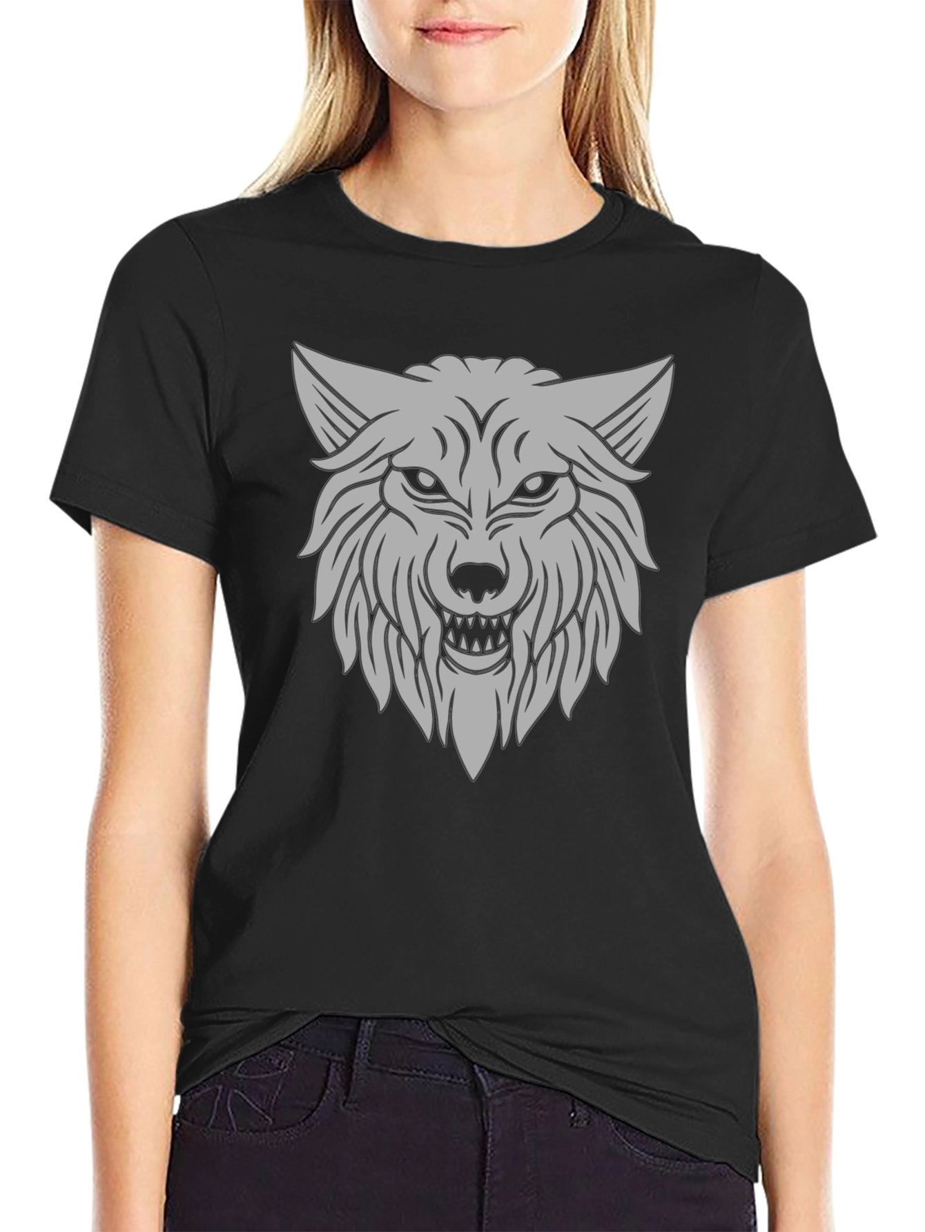 Mens Black T-Shirt with Gray Wolf Graphic