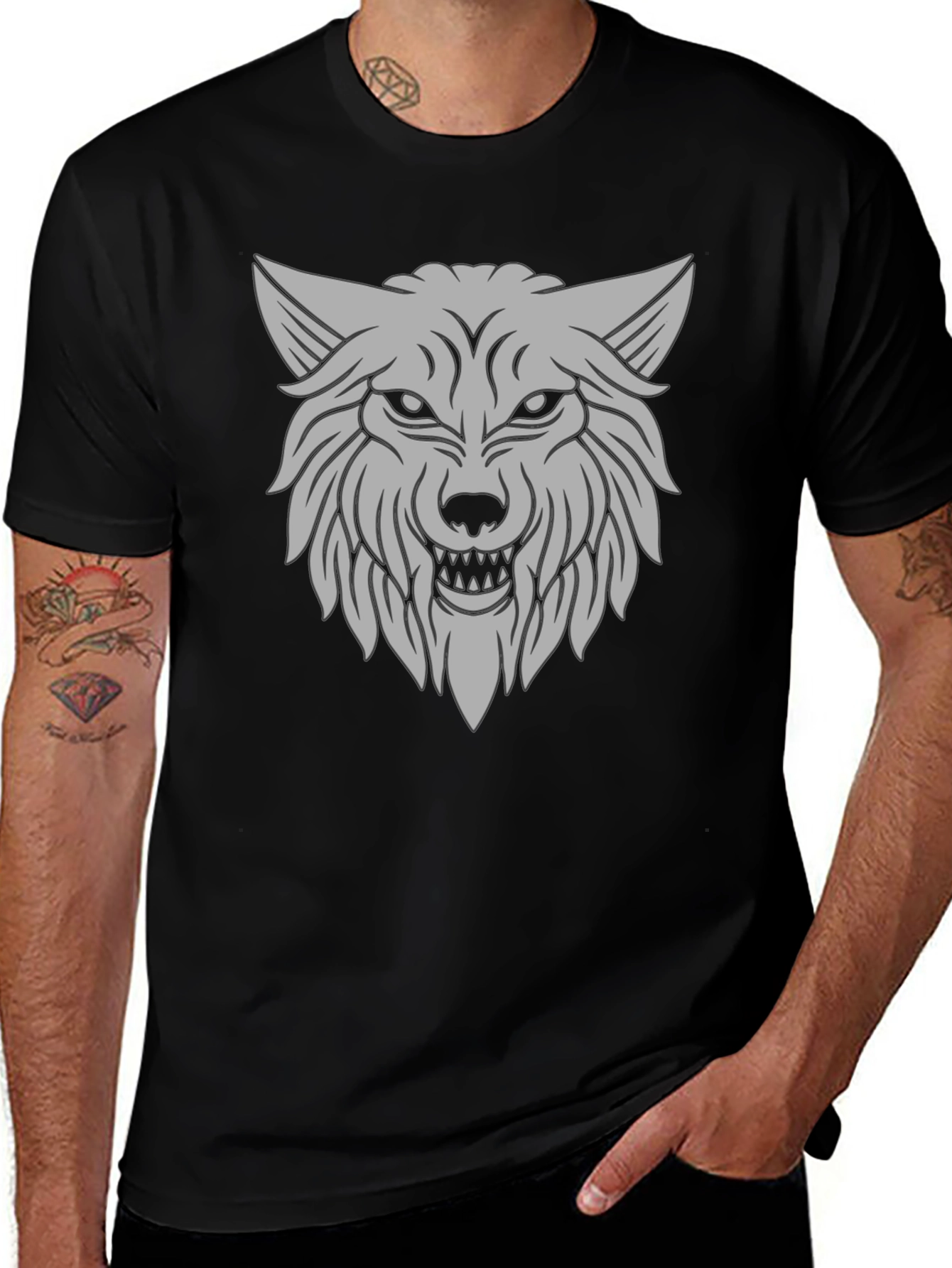 Mens Black T-Shirt with Gray Wolf Graphic